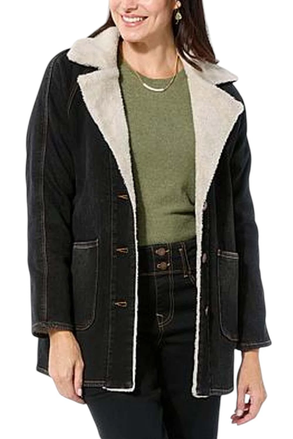 DG2 by Diane Gilman Women's Denim Sherpa Coat Washed Black