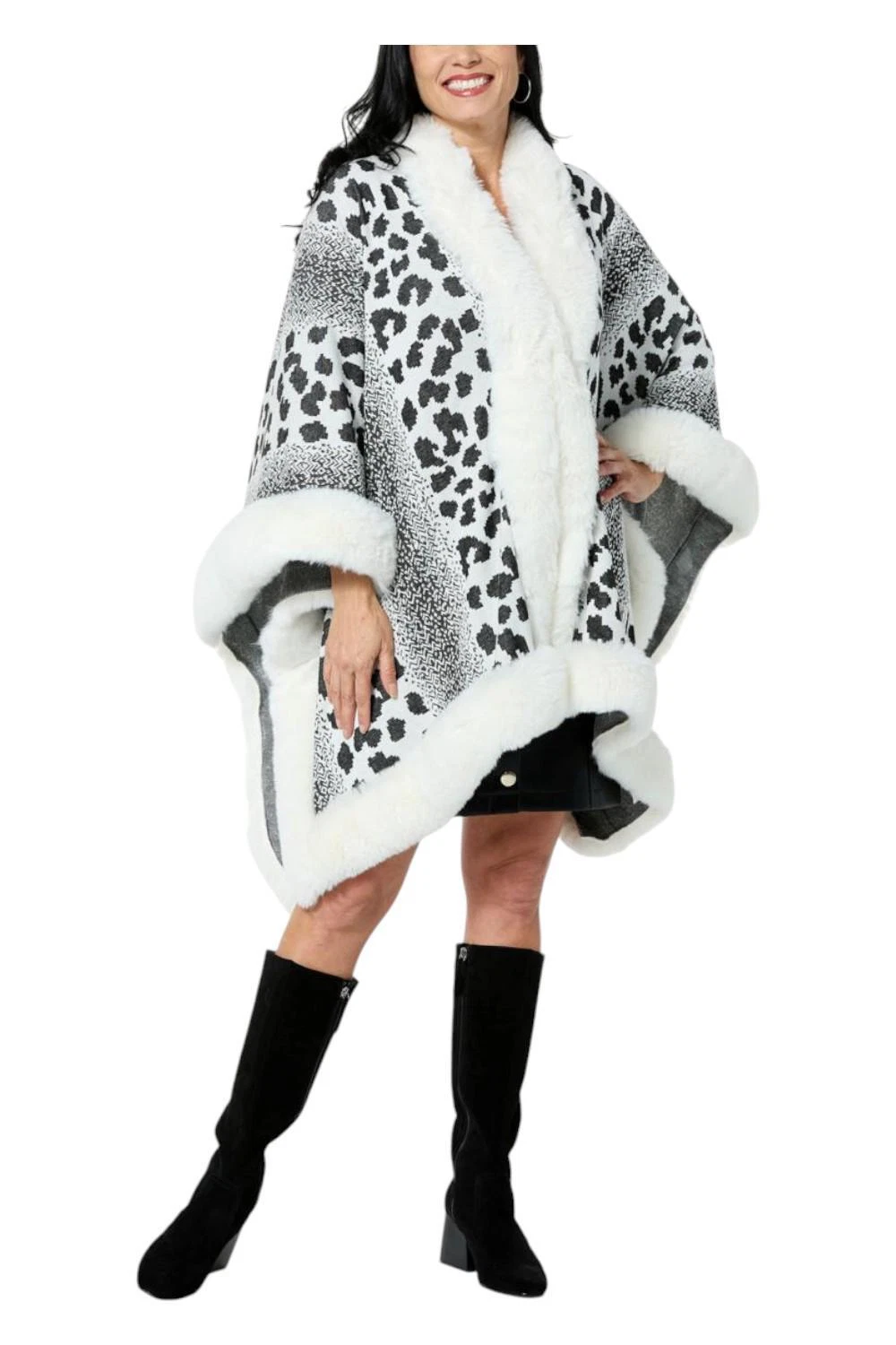 kathy ireland Women's Fashion 360 Skies FauxFur Trim Cape White Combo