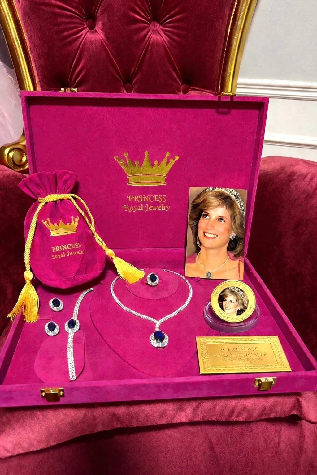 Royal Blue Sapphire Jewelry Set Necklace Earrings Bracelet Ring + Box, view 2