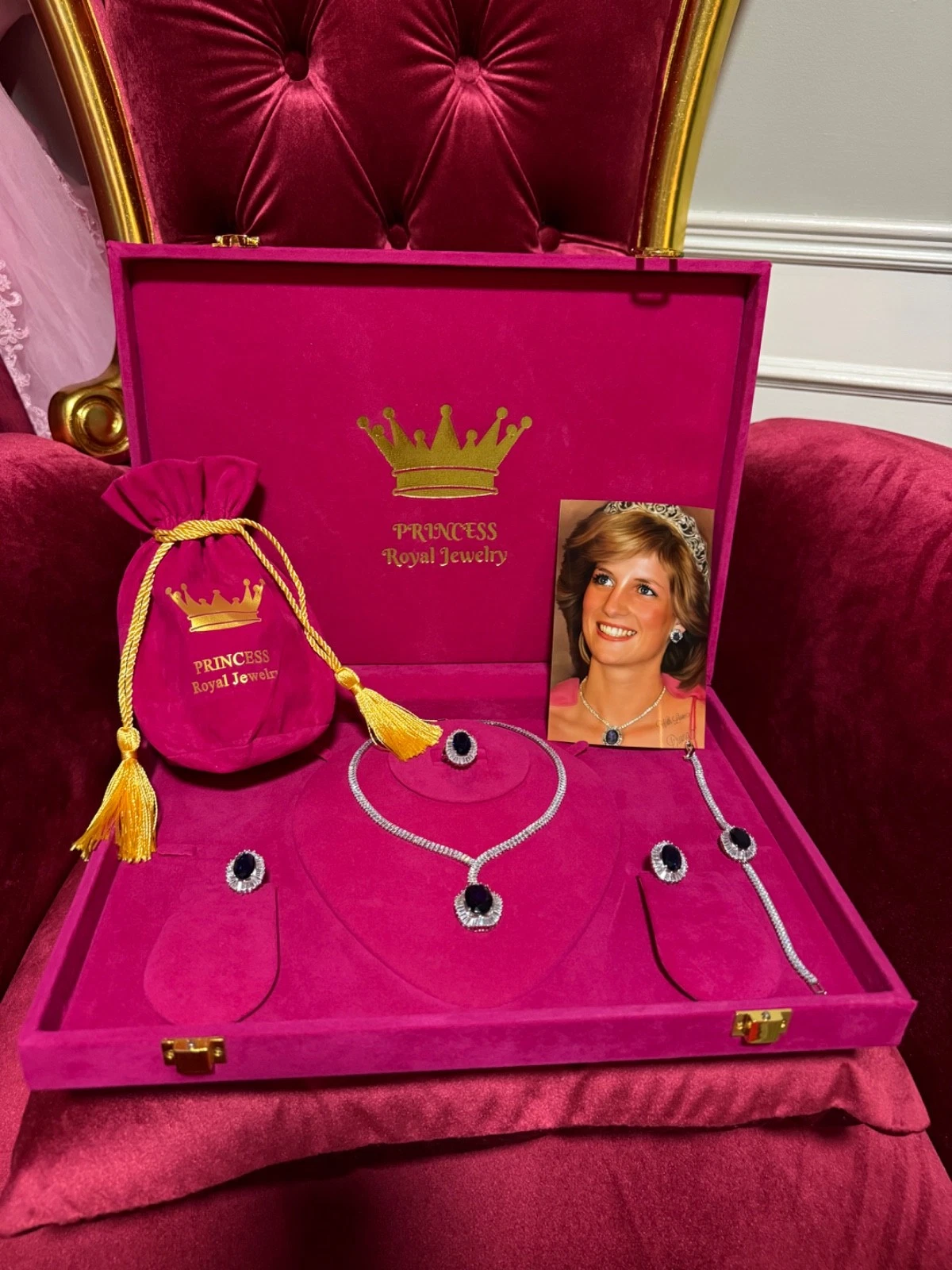 Royal Blue Sapphire Jewelry Set Necklace Earrings Bracelet Ring + Box, view 5
