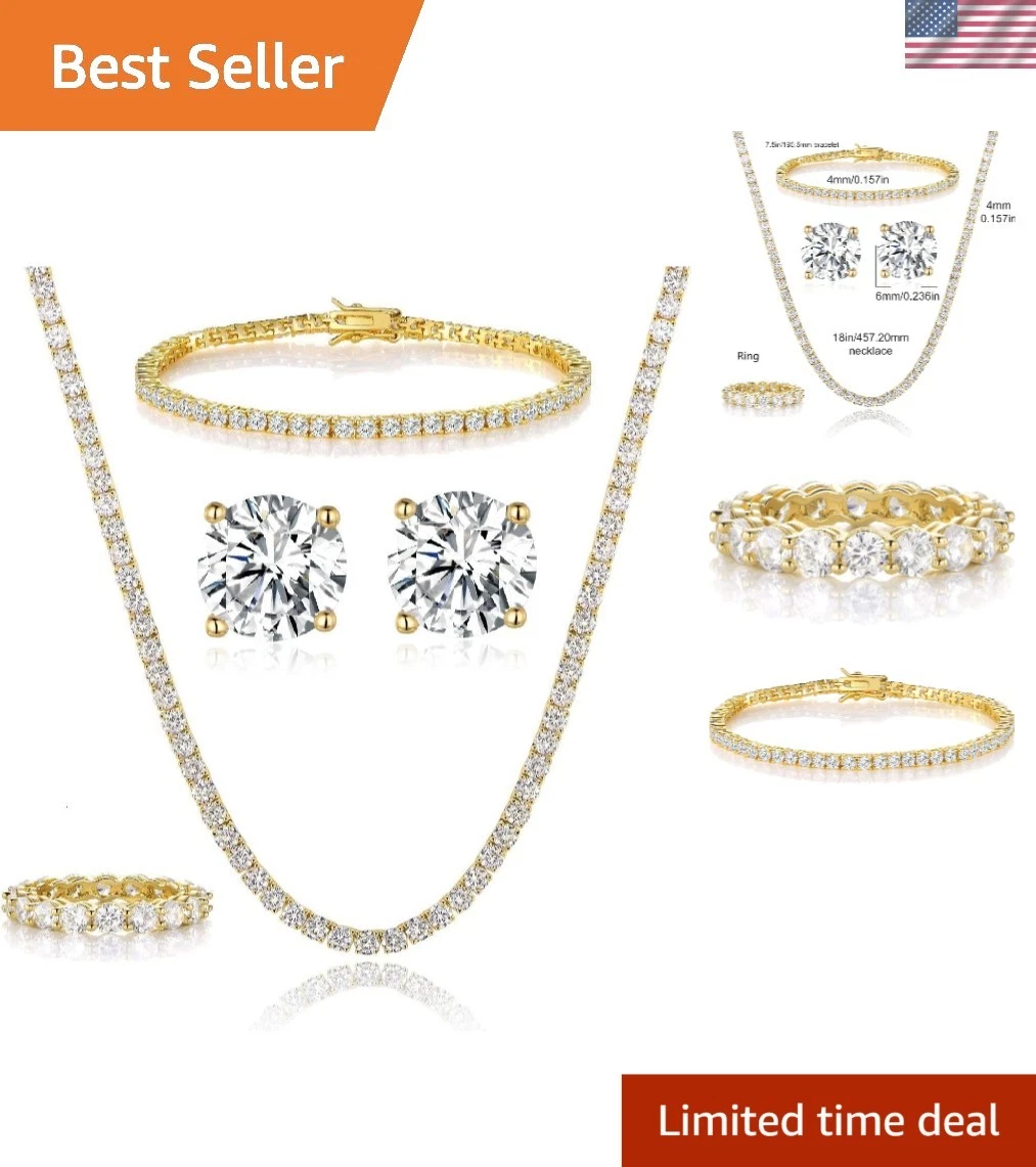 Captivating 18K Gold Plated Tennis Jewelry Set - Necklace, Bracelet & Earrings