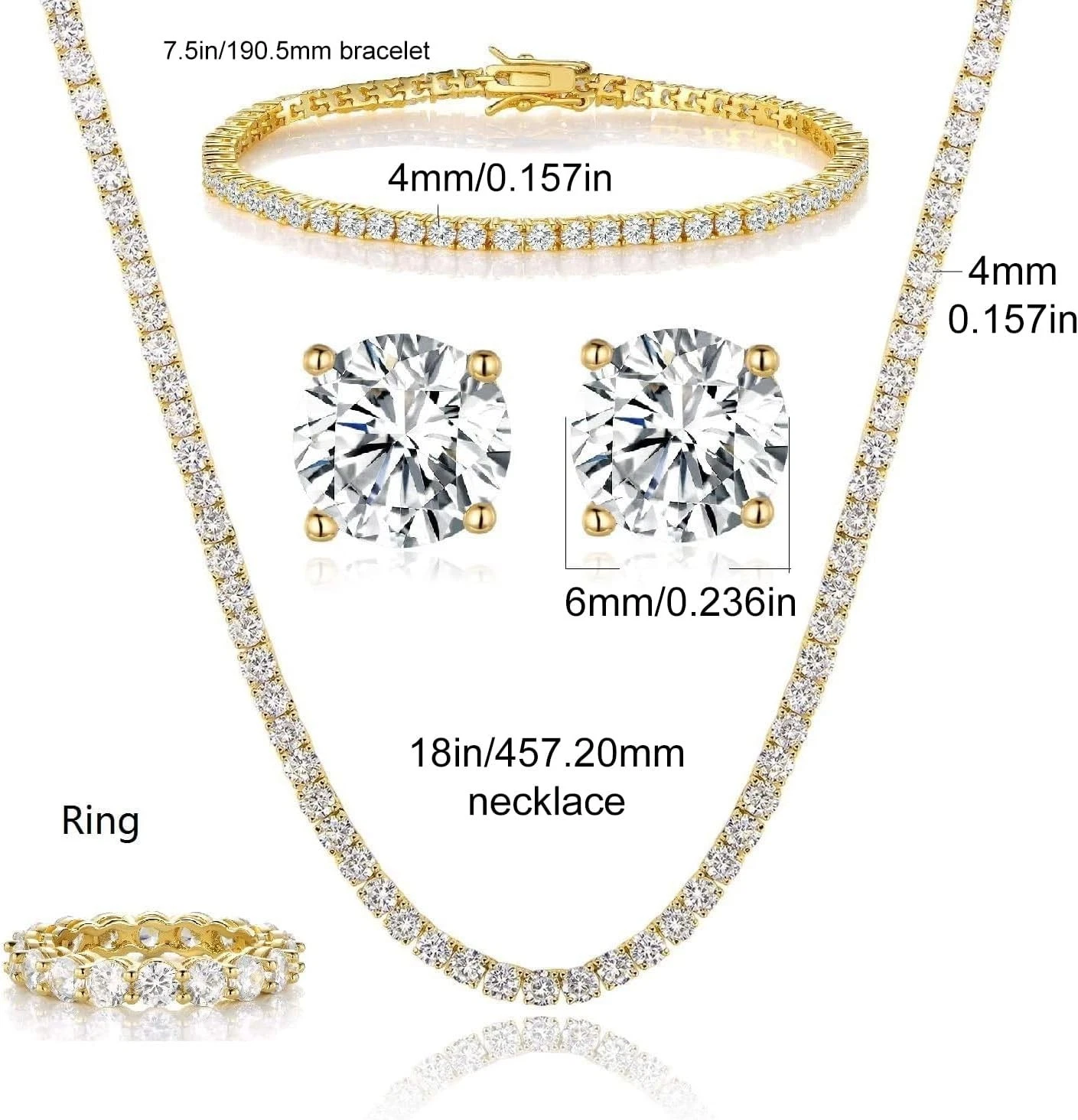 Captivating 18K Gold Plated Tennis Jewelry Set - Necklace, Bracelet & Earrings, view 3