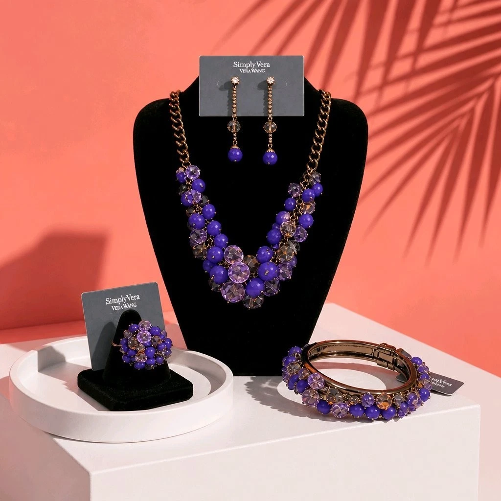 SIMPLY VERA WANG NWT $108 women's necklace ring earrings bracelet set purple, view 2