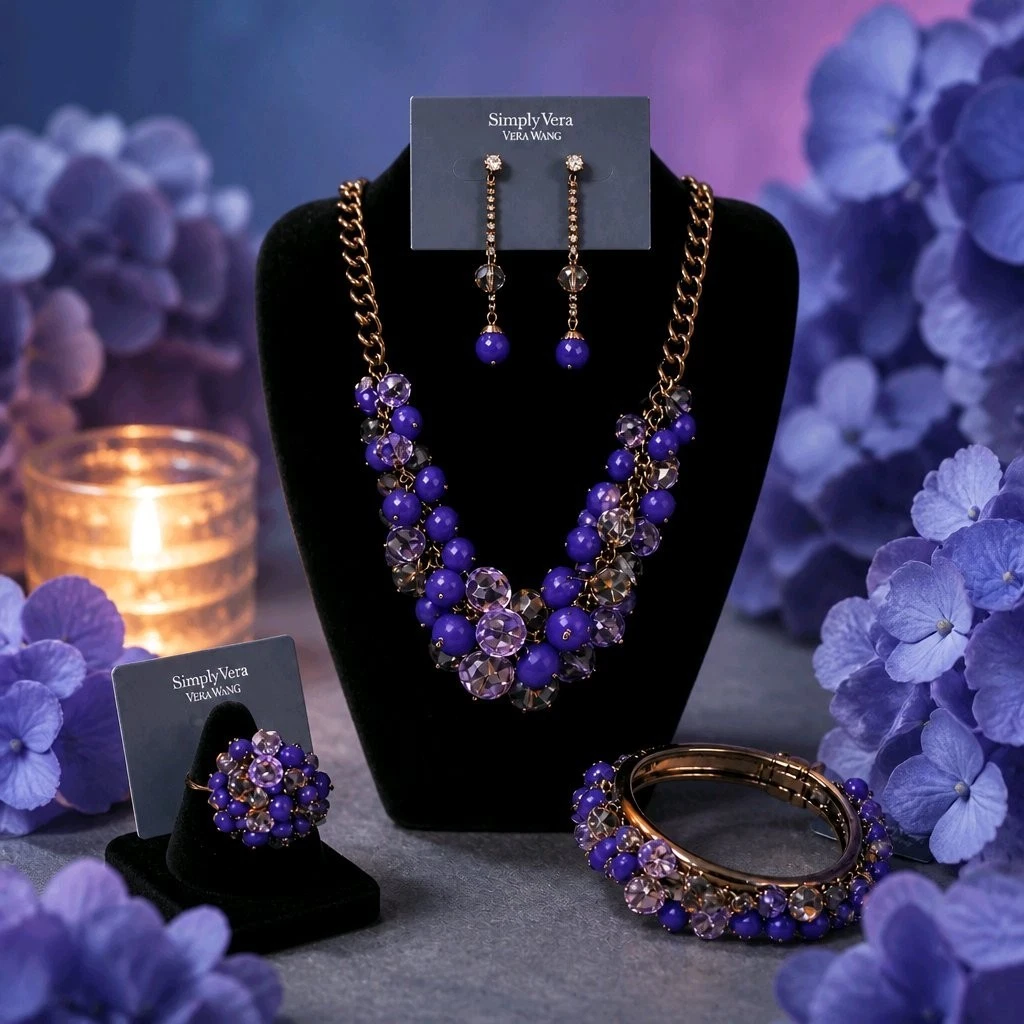 SIMPLY VERA WANG NWT $108 women's necklace ring earrings bracelet set purple, view 3