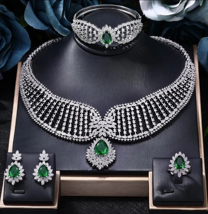 18k Platinum Plated Necklace Earrings Bracelet Ring CZ Lab-Created Green EMERALD
