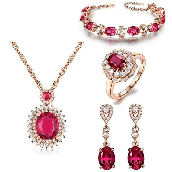 ROSE GOLD FINISH Ruby Created Diamond Bracelet, Ring, Earrings and Necklace Set