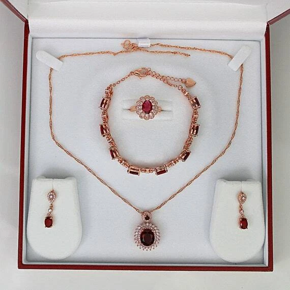ROSE GOLD FINISH Ruby Created Diamond Bracelet, Ring, Earrings and Necklace Set