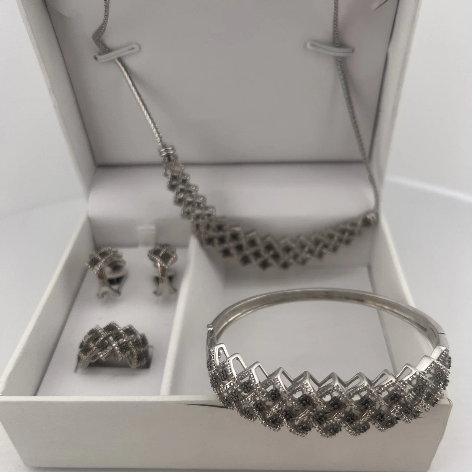 1 CTTW Black White Diamond 4 Pc Jewelry Set Necklace Bracelet Ring Earrings Sz 7