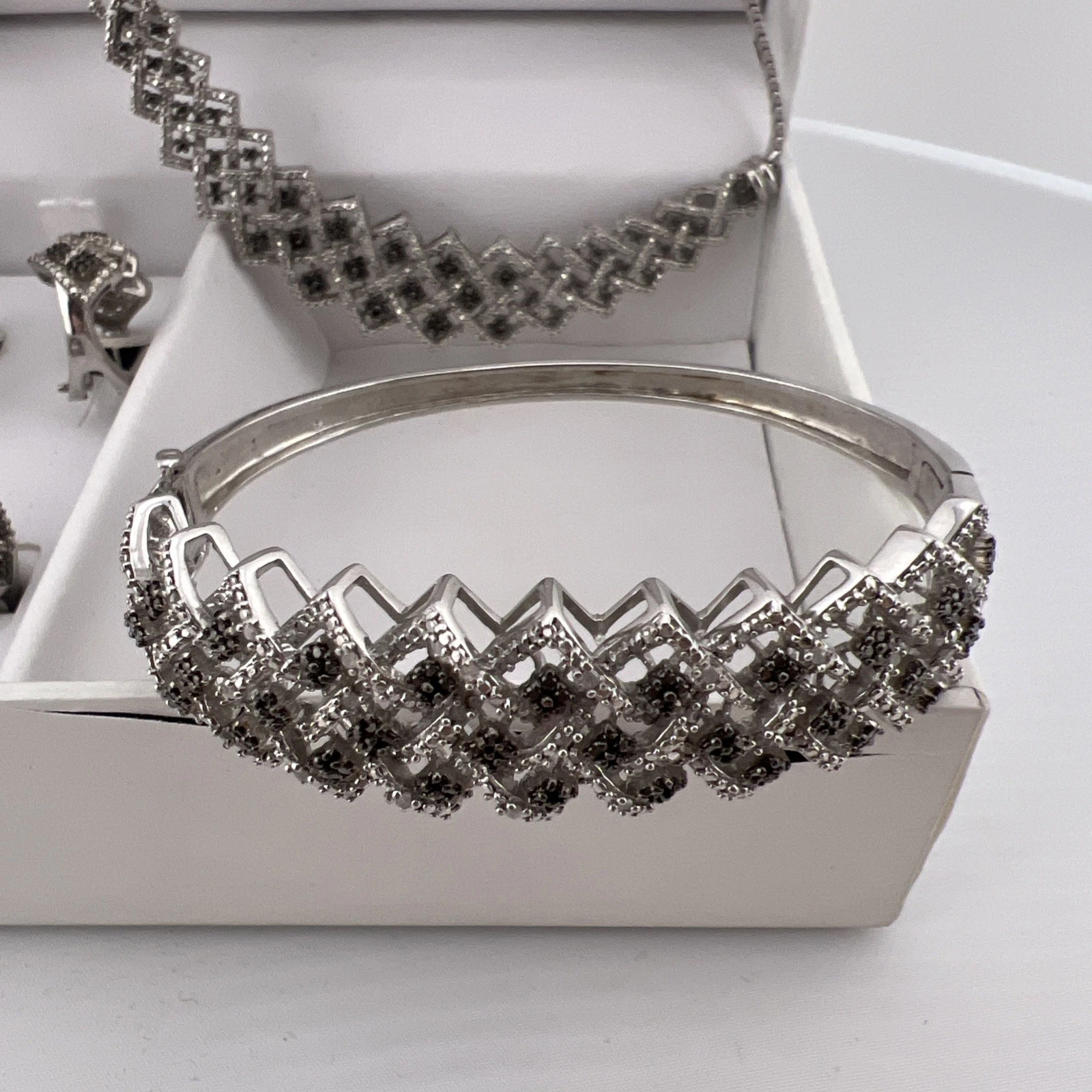 1 CTTW Black White Diamond 4 Pc Jewelry Set Necklace Bracelet Ring Earrings Sz 7