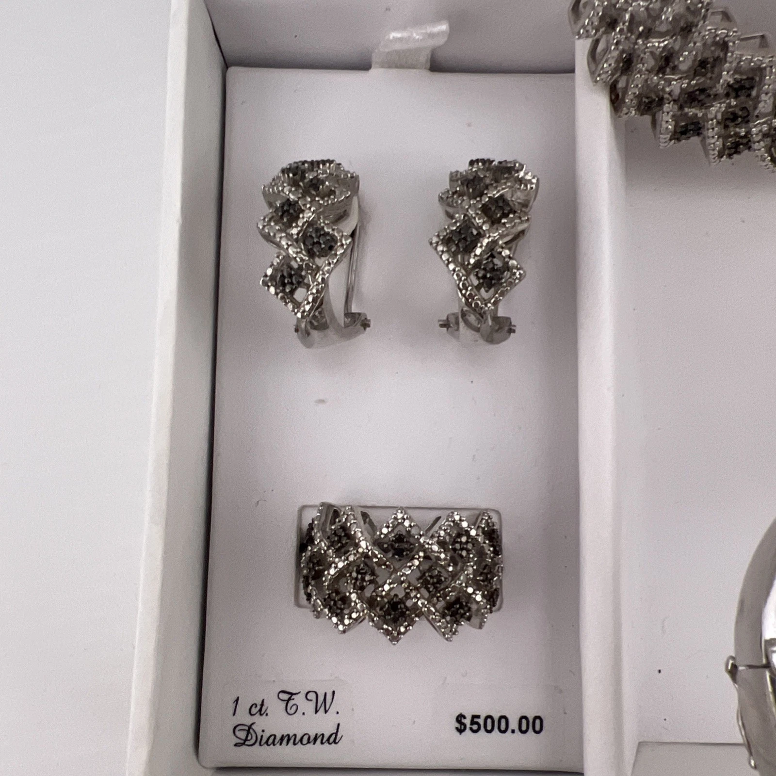 1 CTTW Black White Diamond 4 Pc Jewelry Set Necklace Bracelet Ring Earrings Sz 7, view 2