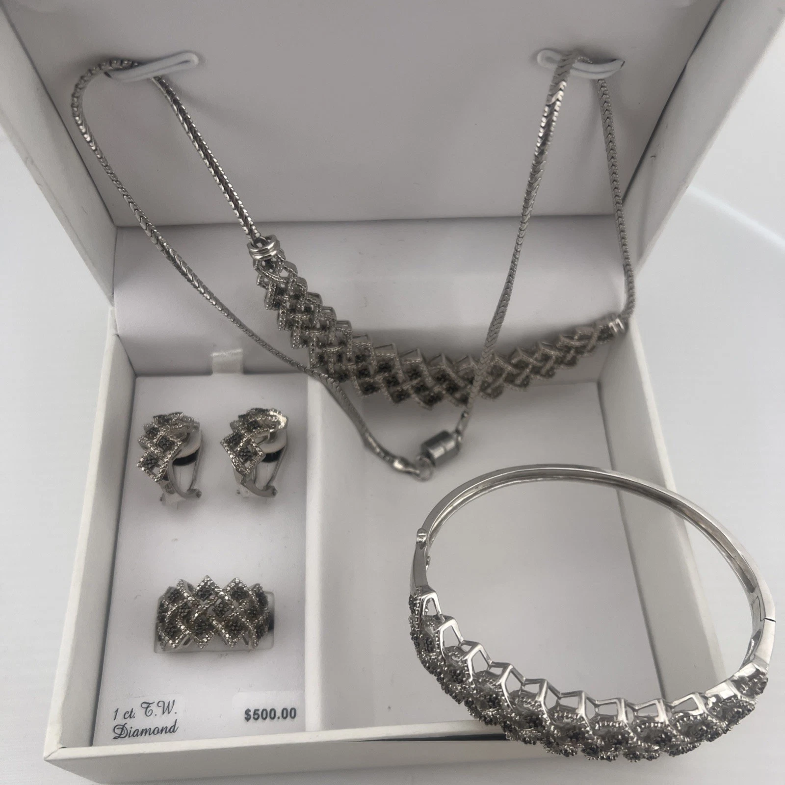 1 CTTW Black White Diamond 4 Pc Jewelry Set Necklace Bracelet Ring Earrings Sz 7, view 4