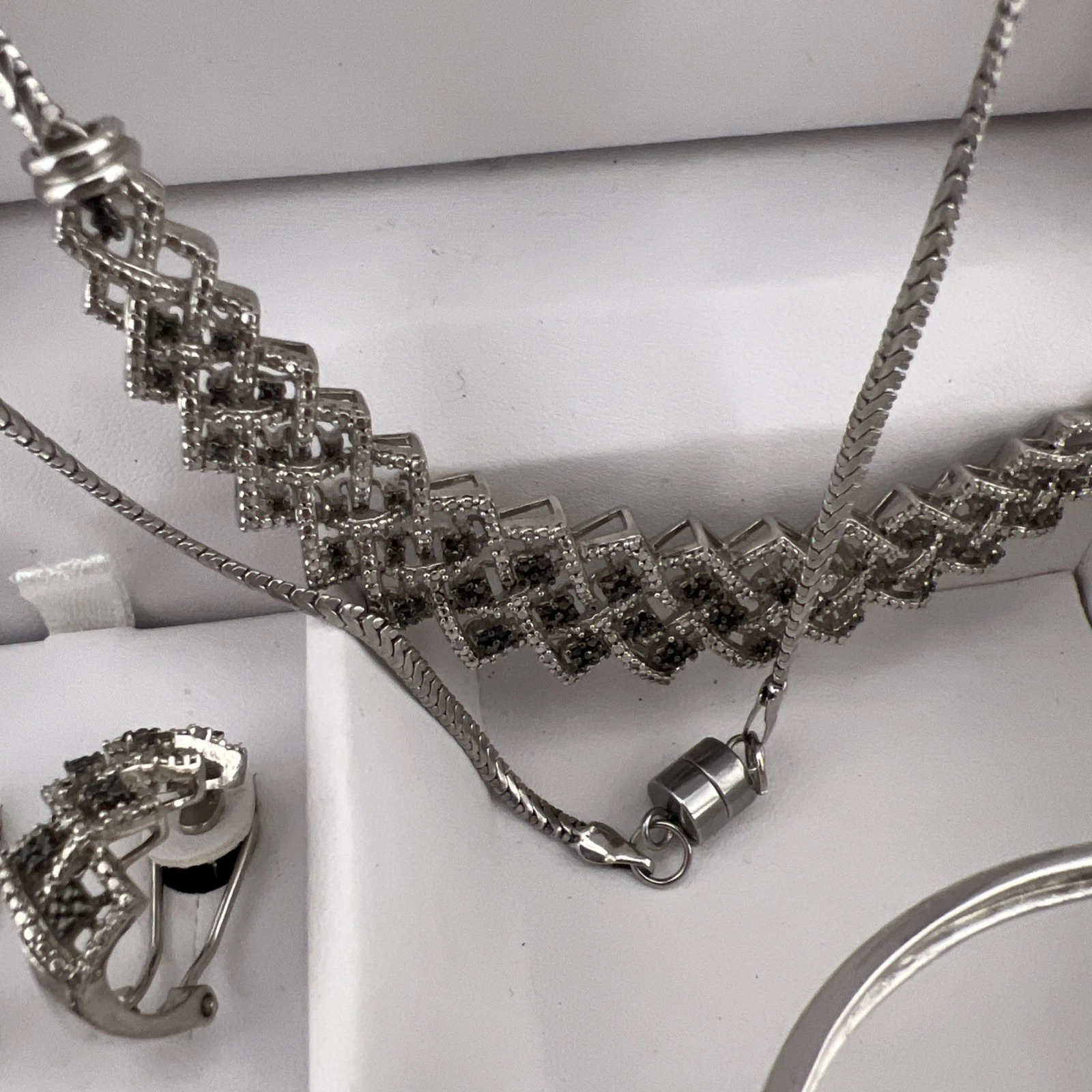 1 CTTW Black White Diamond 4 Pc Jewelry Set Necklace Bracelet Ring Earrings Sz 7, view 7
