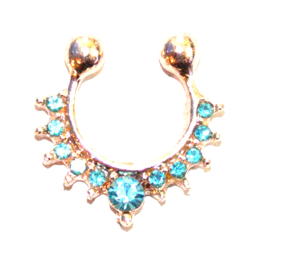 ( 1 ) Gold Fashion Fake Nose Ear Hoop Ring Aqua Rhinestone Prong Set Sexy Gift