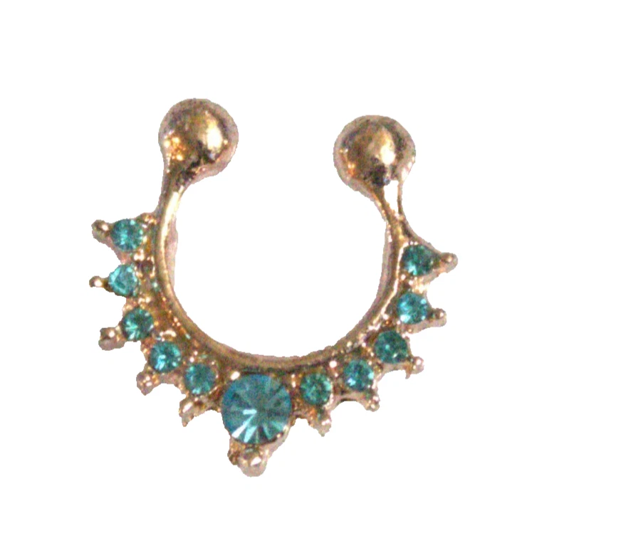 ( 1 ) Gold Fashion Fake Nose Ear Hoop Ring Aqua Rhinestone Prong Set Sexy Gift