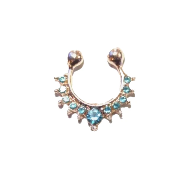 ( 1 ) Gold Fashion Fake Nose Ear Hoop Ring Aqua Rhinestone Prong Set Sexy Gift, view 2