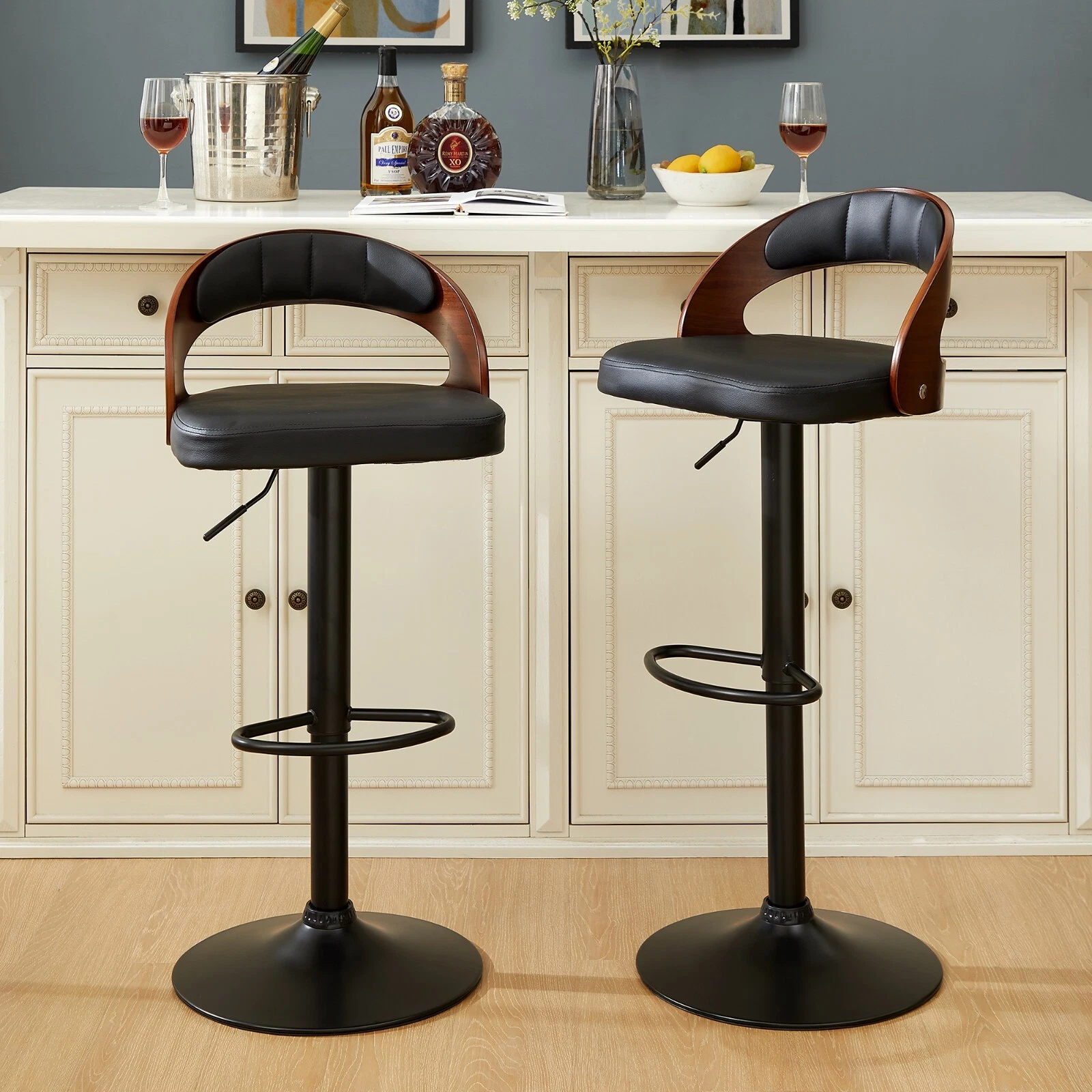 Set of 2 Adjustable Swivel Bar Stools PU Leather Counter Height Stools