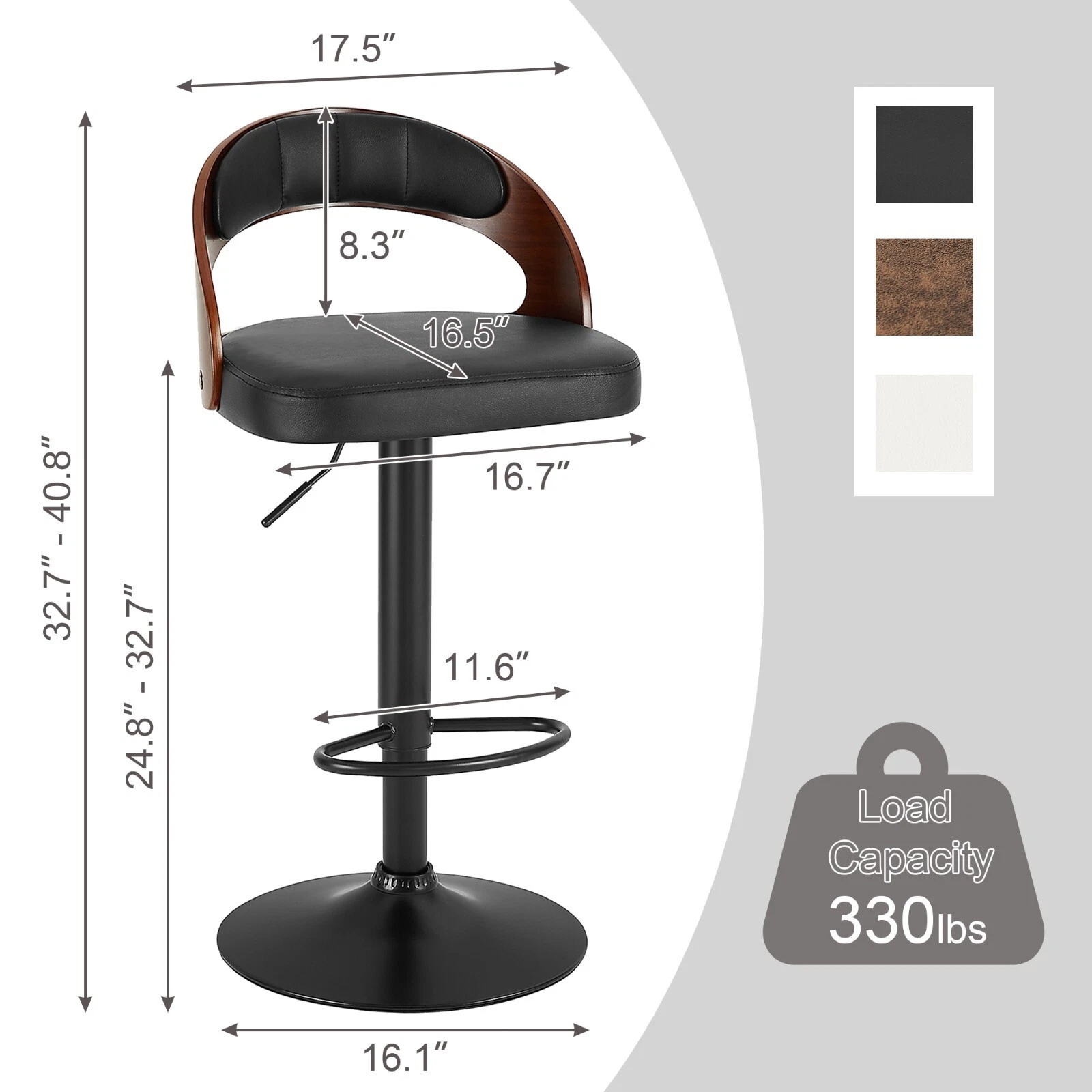 Set of 2 Adjustable Swivel Bar Stools PU Leather Counter Height Stools, view 20
