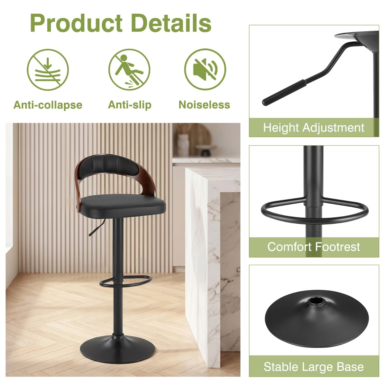 Set of 2 Adjustable Swivel Bar Stools PU Leather Counter Height Stools, view 21