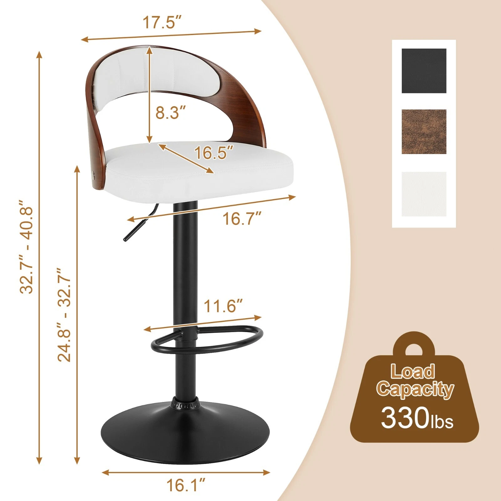 Set of 2 Adjustable Swivel Bar Stools PU Leather Counter Height Stools, view 32