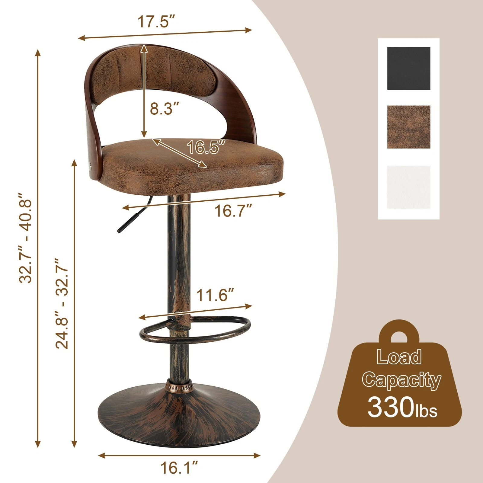 Set of 2 Adjustable Swivel Bar Stools PU Leather Counter Height Stools, view 8