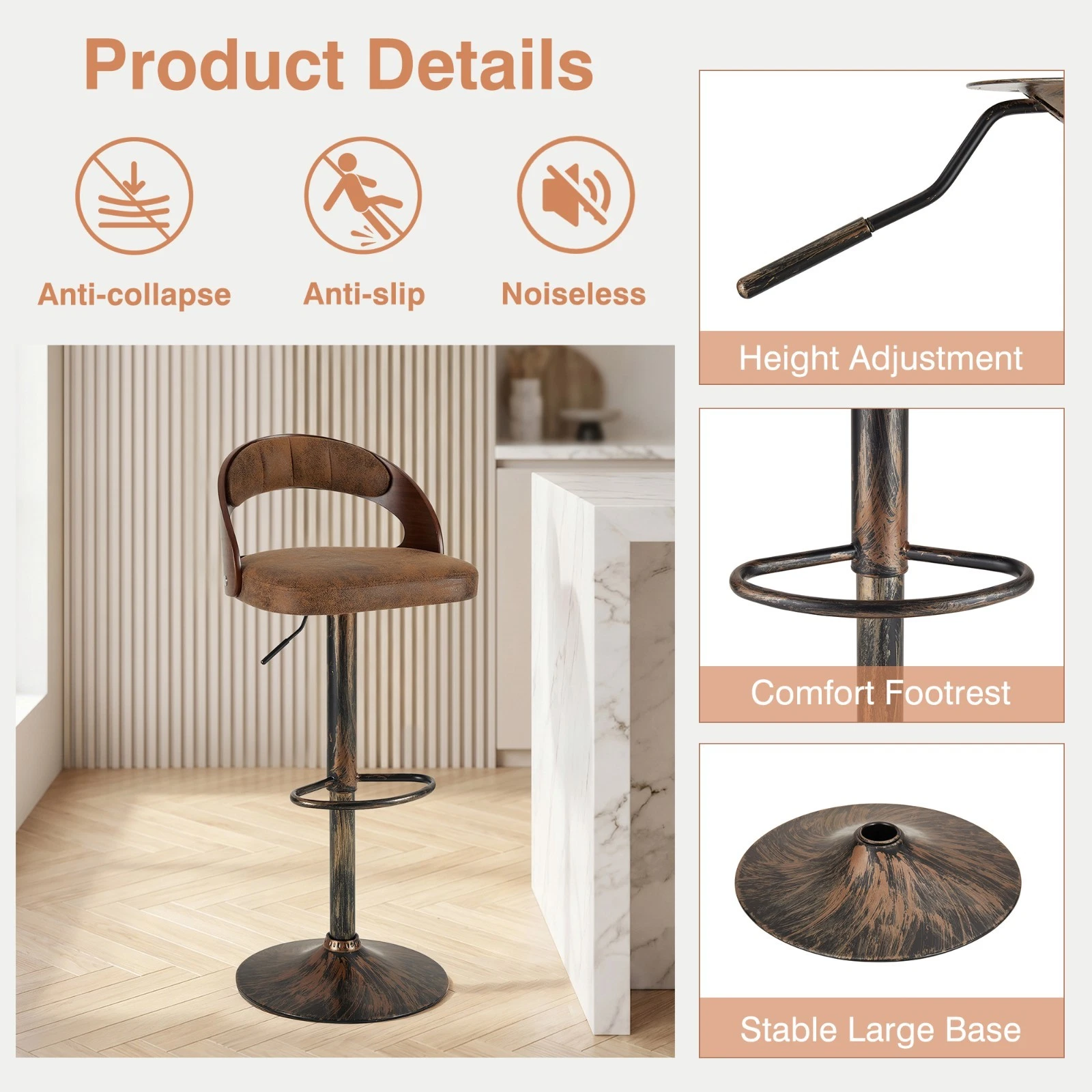 Set of 2 Adjustable Swivel Bar Stools PU Leather Counter Height Stools, view 9