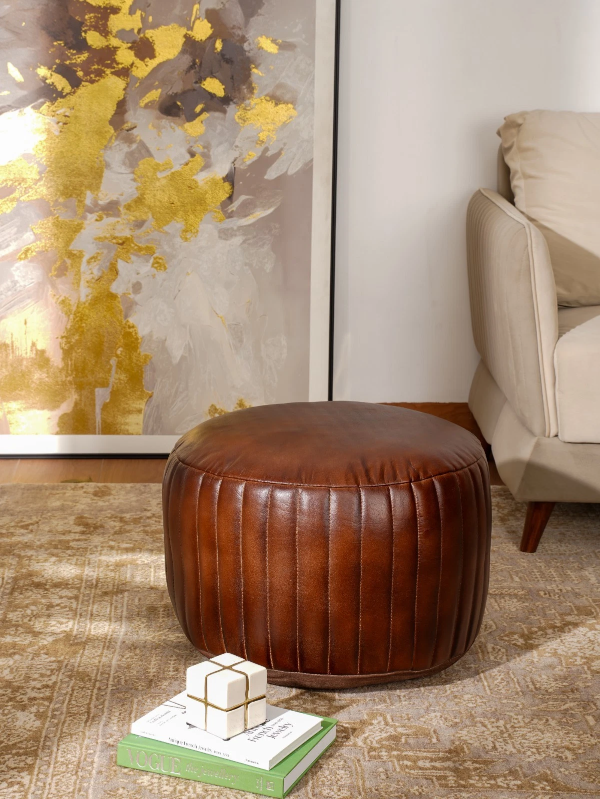 BBH HOMES HANDMADE ECO-FRIENDLY ROUND SHAPED STUFFED BUFFALO LEATHER BROWN POUF, view 11