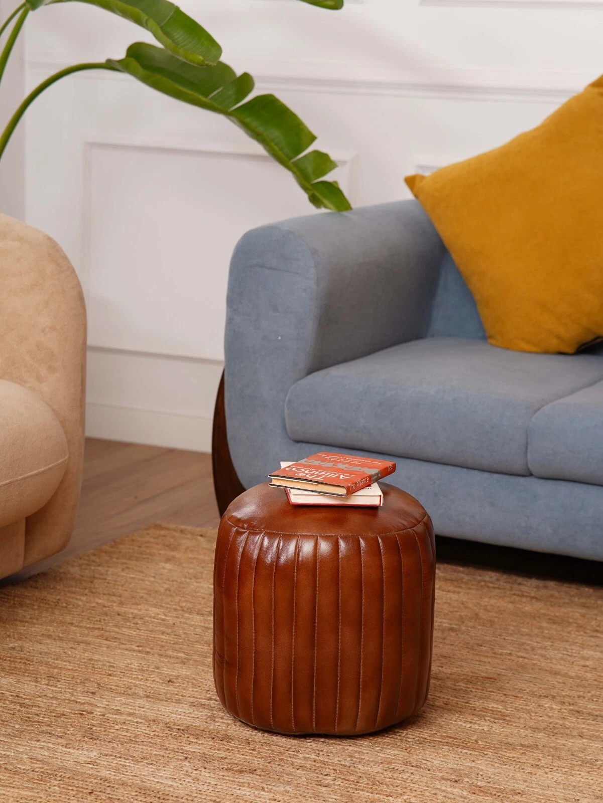 BBH HOMES HANDMADE ECO-FRIENDLY ROUND SHAPED STUFFED BUFFALO LEATHER BROWN POUF, view 17