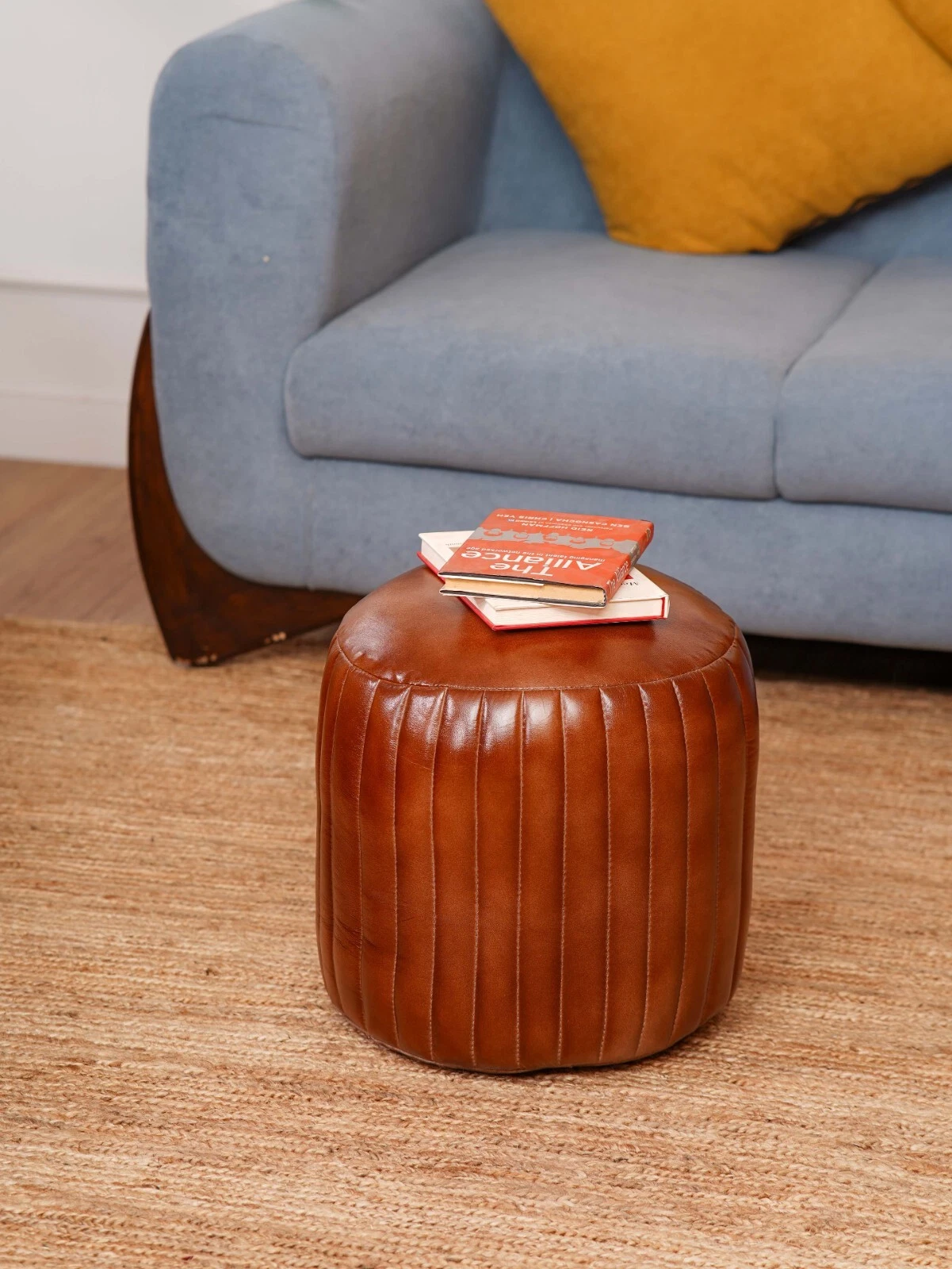 BBH HOMES HANDMADE ECO-FRIENDLY ROUND SHAPED STUFFED BUFFALO LEATHER BROWN POUF, view 18