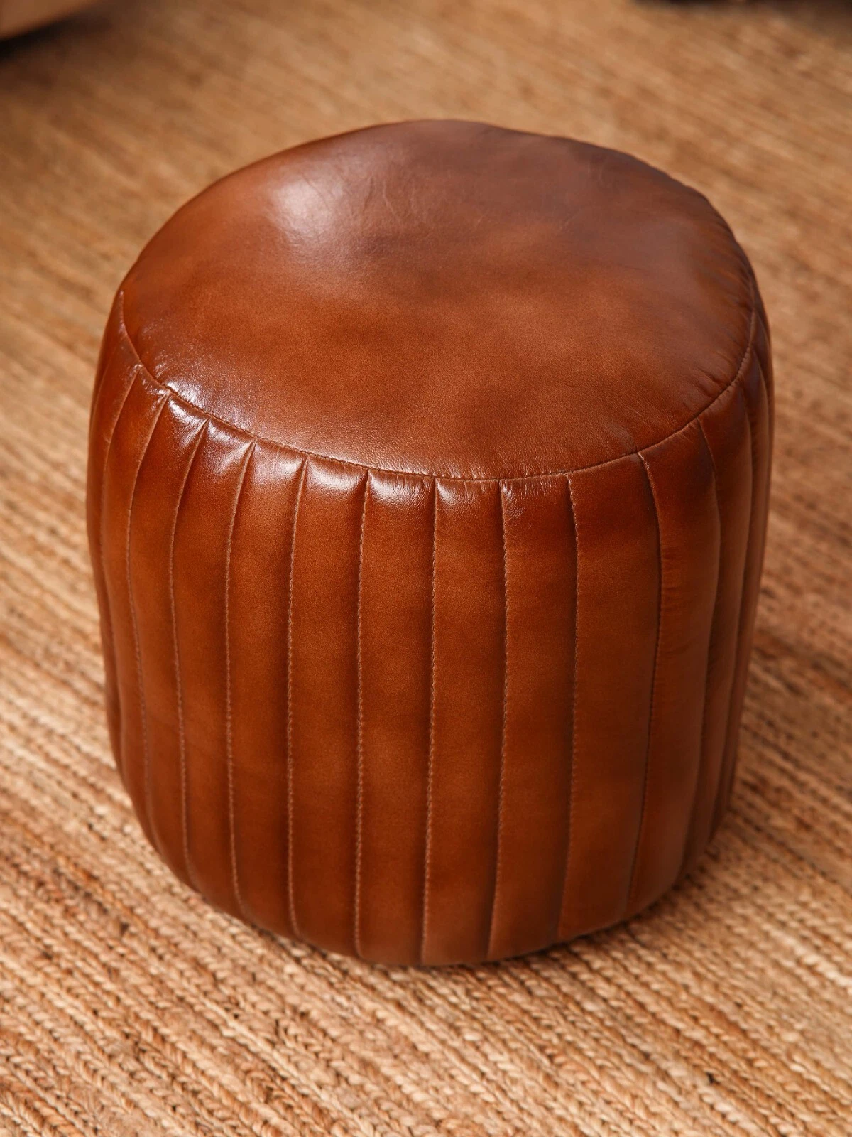 BBH HOMES HANDMADE ECO-FRIENDLY ROUND SHAPED STUFFED BUFFALO LEATHER BROWN POUF, view 19
