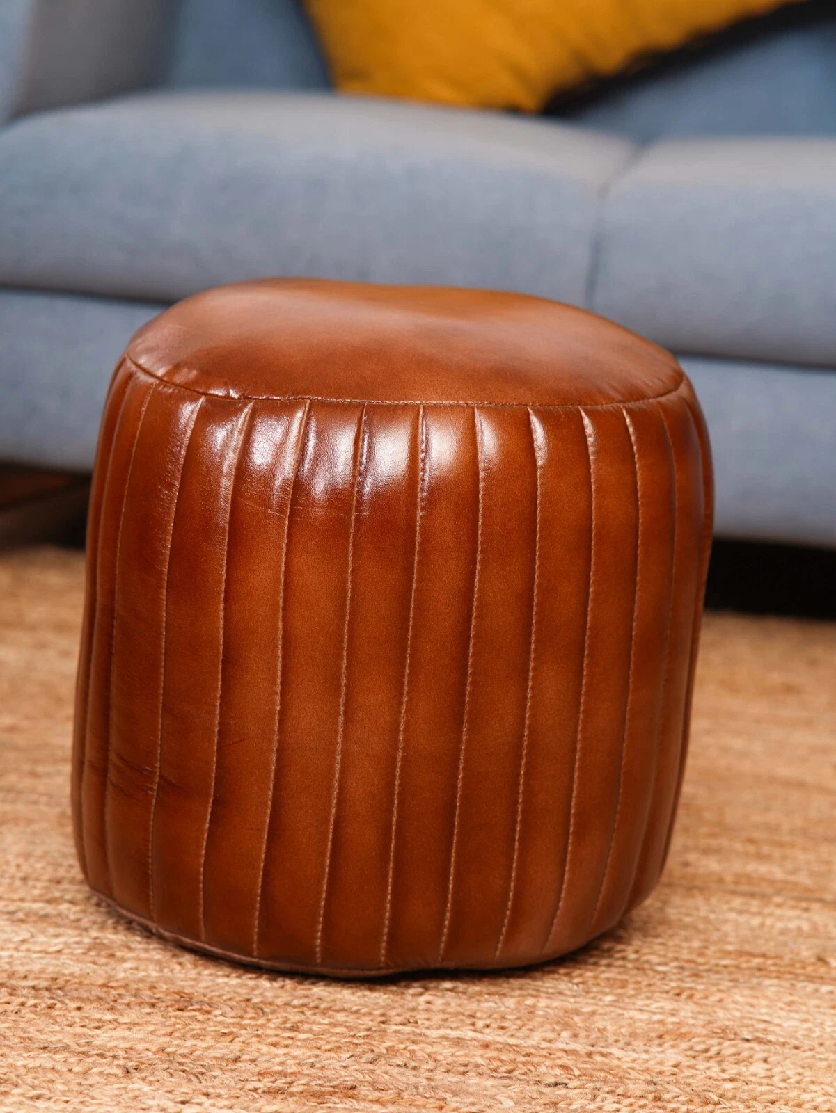 BBH HOMES HANDMADE ECO-FRIENDLY ROUND SHAPED STUFFED BUFFALO LEATHER BROWN POUF, view 21