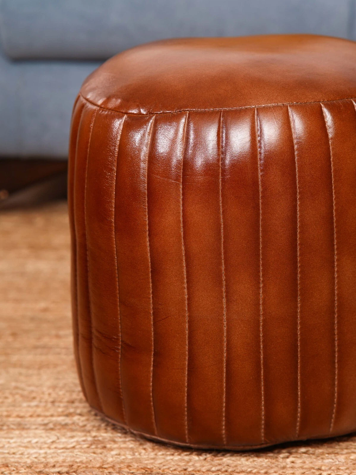 BBH HOMES HANDMADE ECO-FRIENDLY ROUND SHAPED STUFFED BUFFALO LEATHER BROWN POUF, view 22