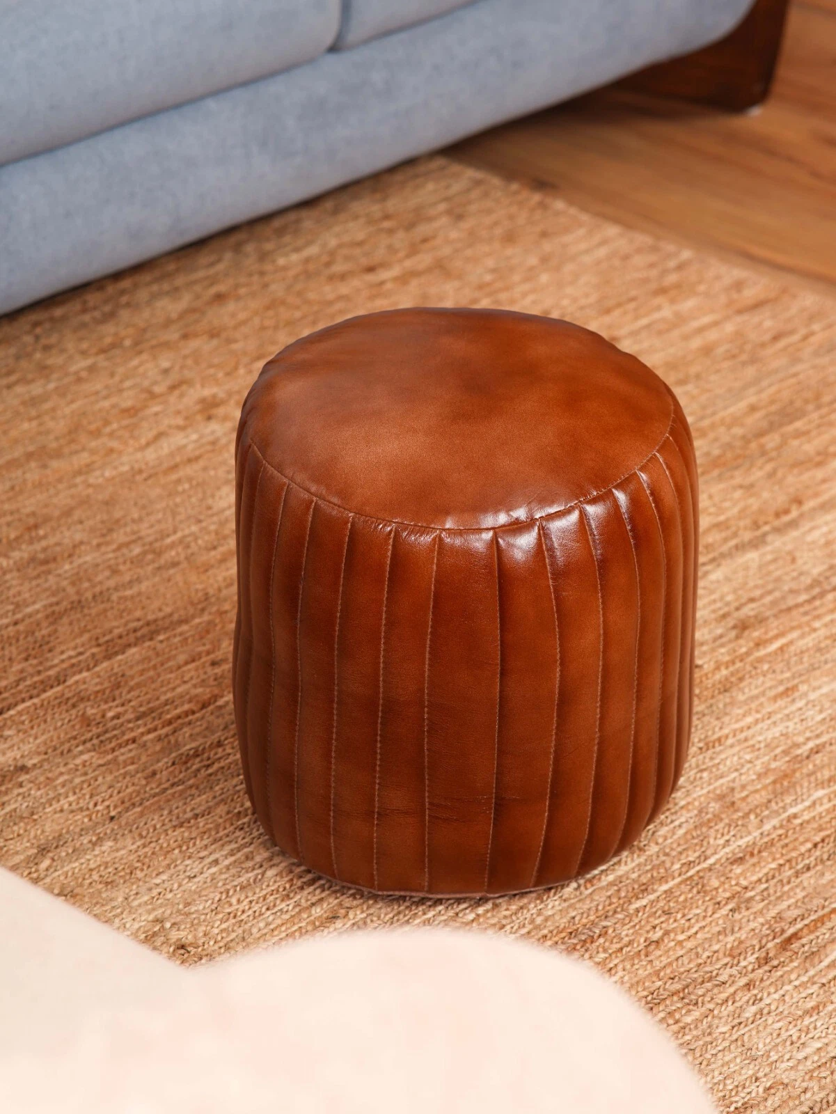 BBH HOMES HANDMADE ECO-FRIENDLY ROUND SHAPED STUFFED BUFFALO LEATHER BROWN POUF, view 24