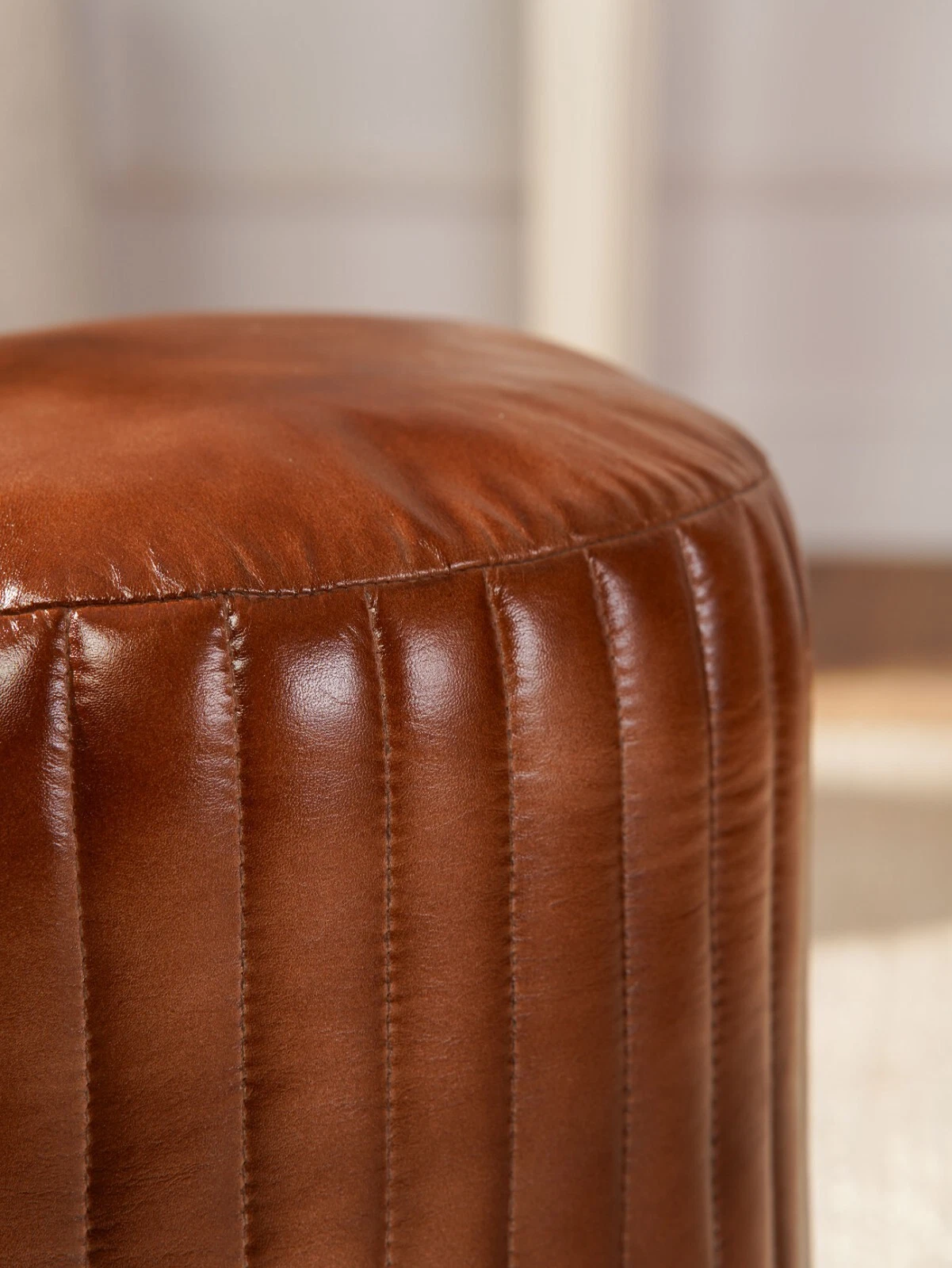 BBH HOMES HANDMADE ECO-FRIENDLY ROUND SHAPED STUFFED BUFFALO LEATHER BROWN POUF, view 4