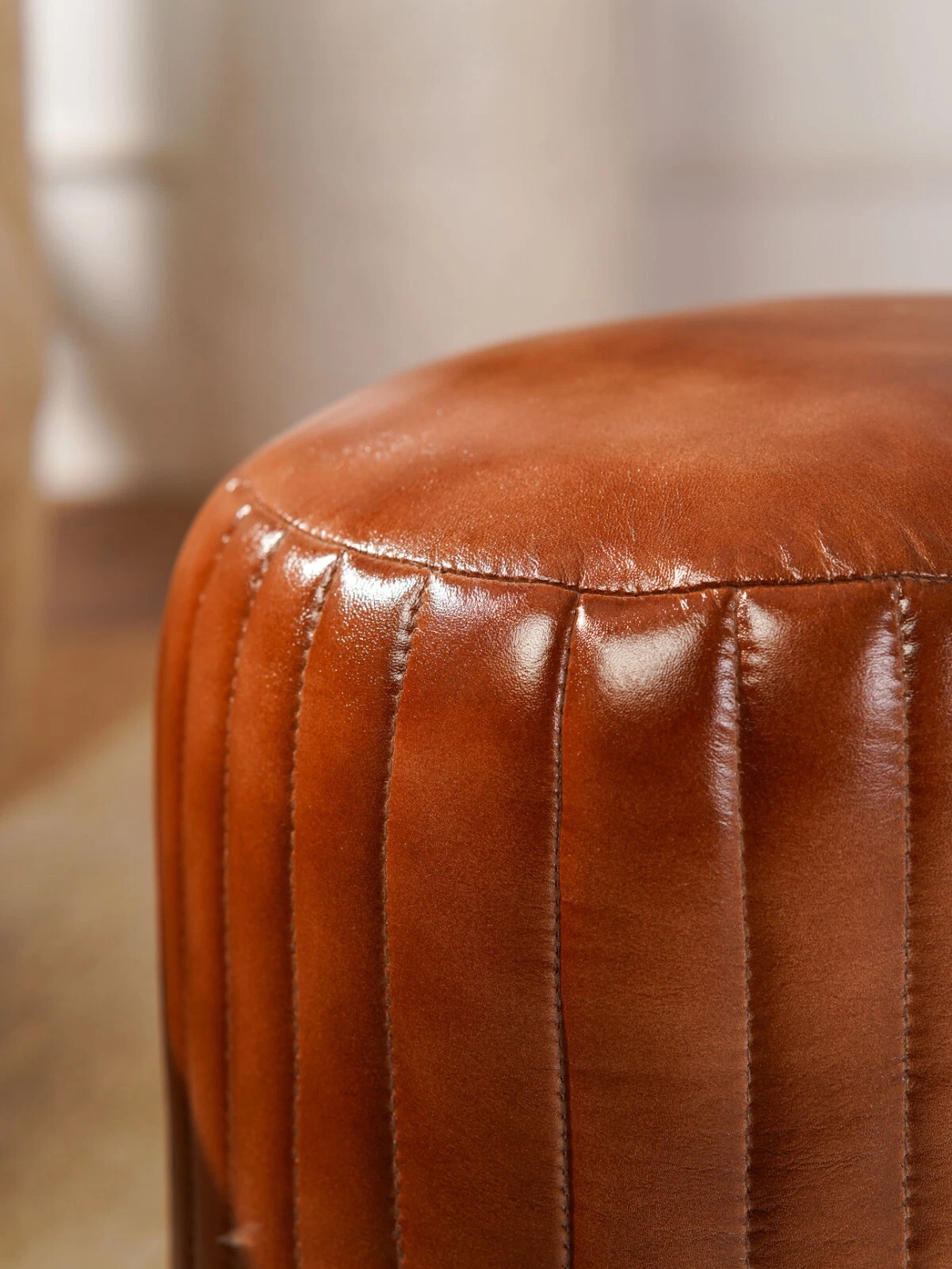 BBH HOMES HANDMADE ECO-FRIENDLY ROUND SHAPED STUFFED BUFFALO LEATHER BROWN POUF, view 5