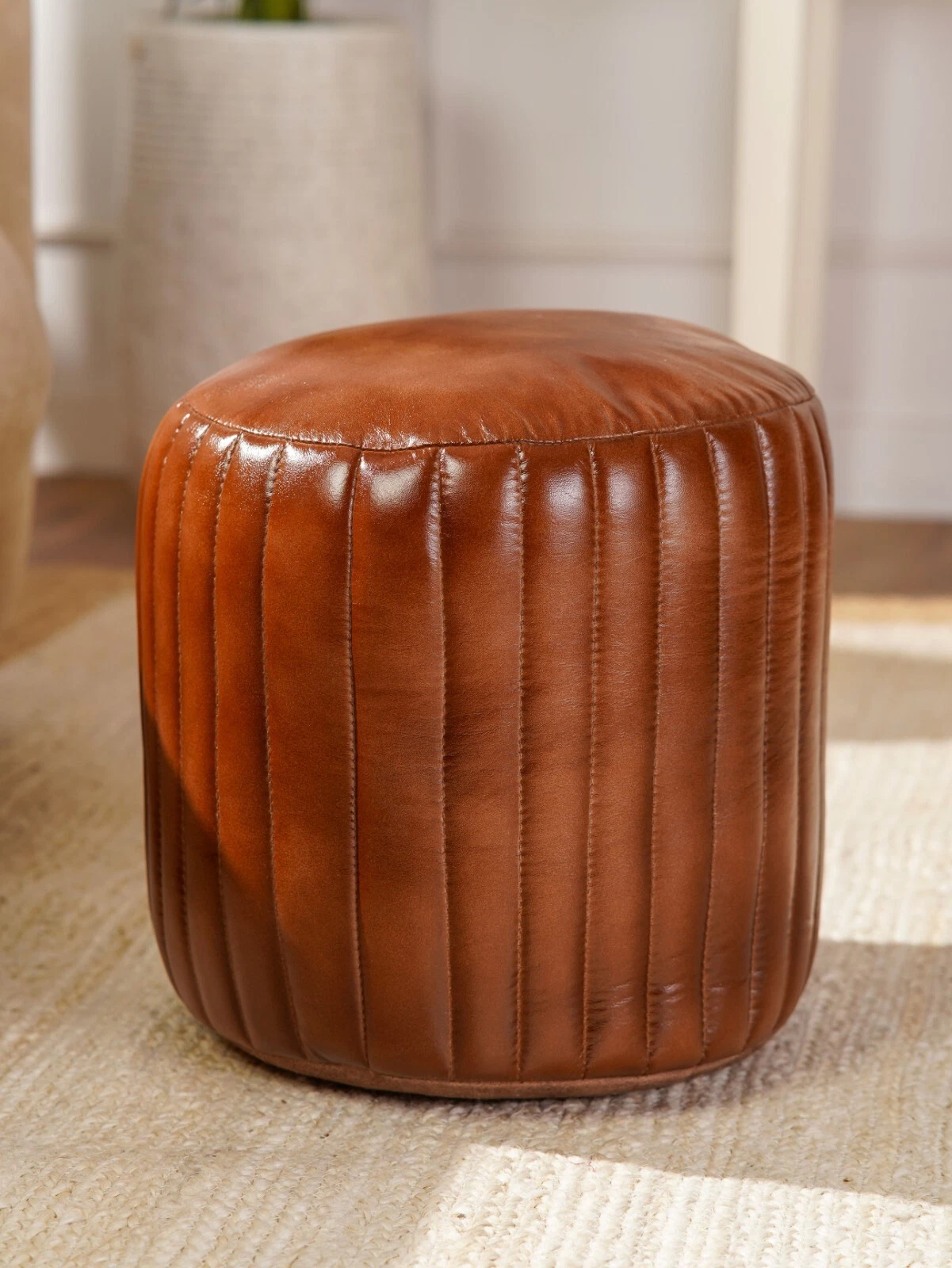 BBH HOMES HANDMADE ECO-FRIENDLY ROUND SHAPED STUFFED BUFFALO LEATHER BROWN POUF, view 7