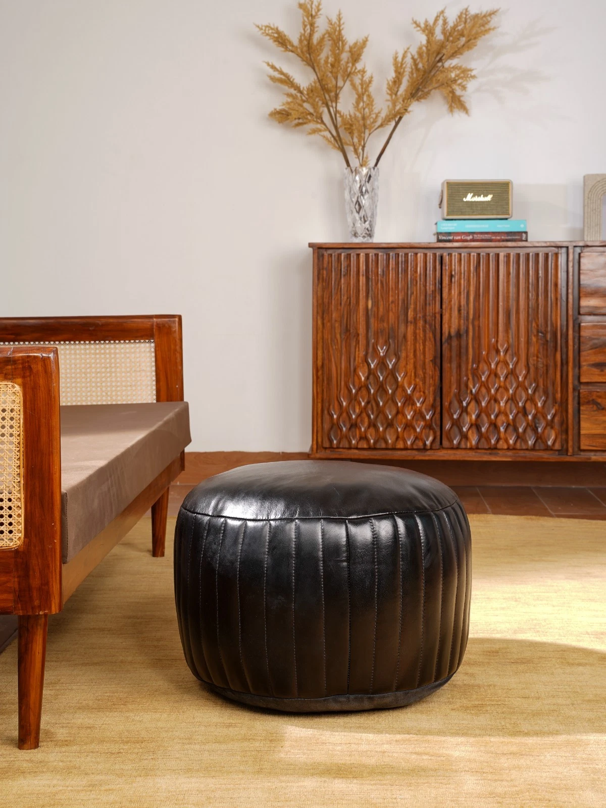BBH HOMES HANDMADE ECO-FRIENDLY ROUND SHAPED STUFFED BUFFALO LEATHER BLACK POUF