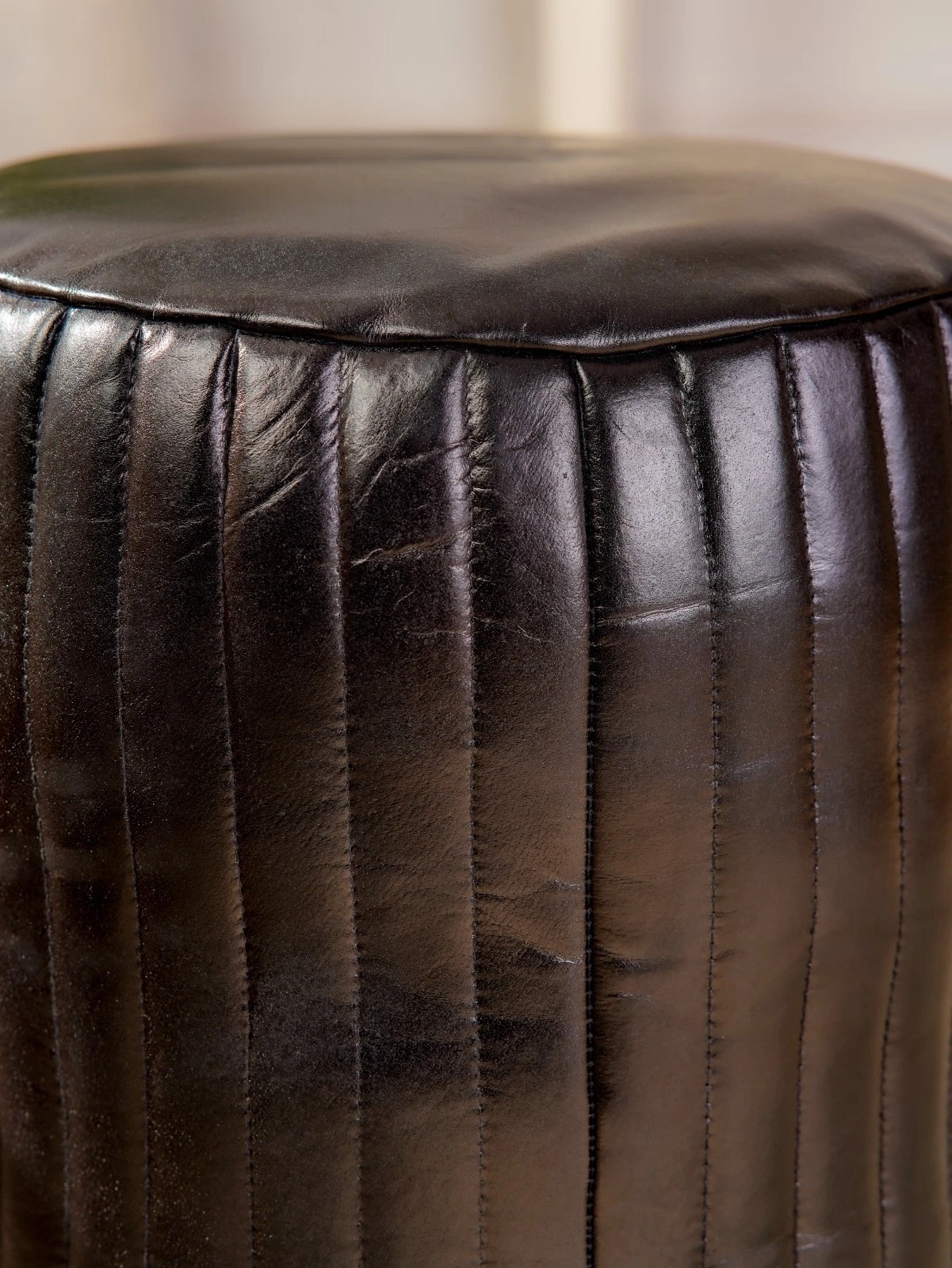 BBH HOMES HANDMADE ECO-FRIENDLY ROUND SHAPED STUFFED BUFFALO LEATHER BLACK POUF, view 12