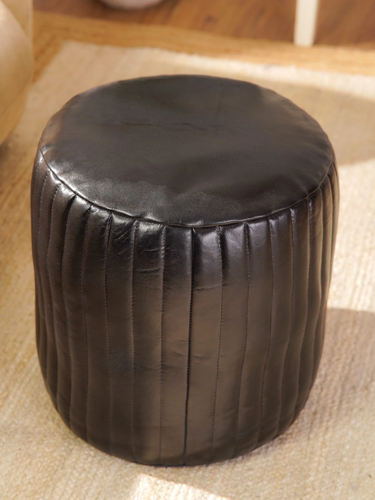 BBH HOMES HANDMADE ECO-FRIENDLY ROUND SHAPED STUFFED BUFFALO LEATHER BLACK POUF, view 13