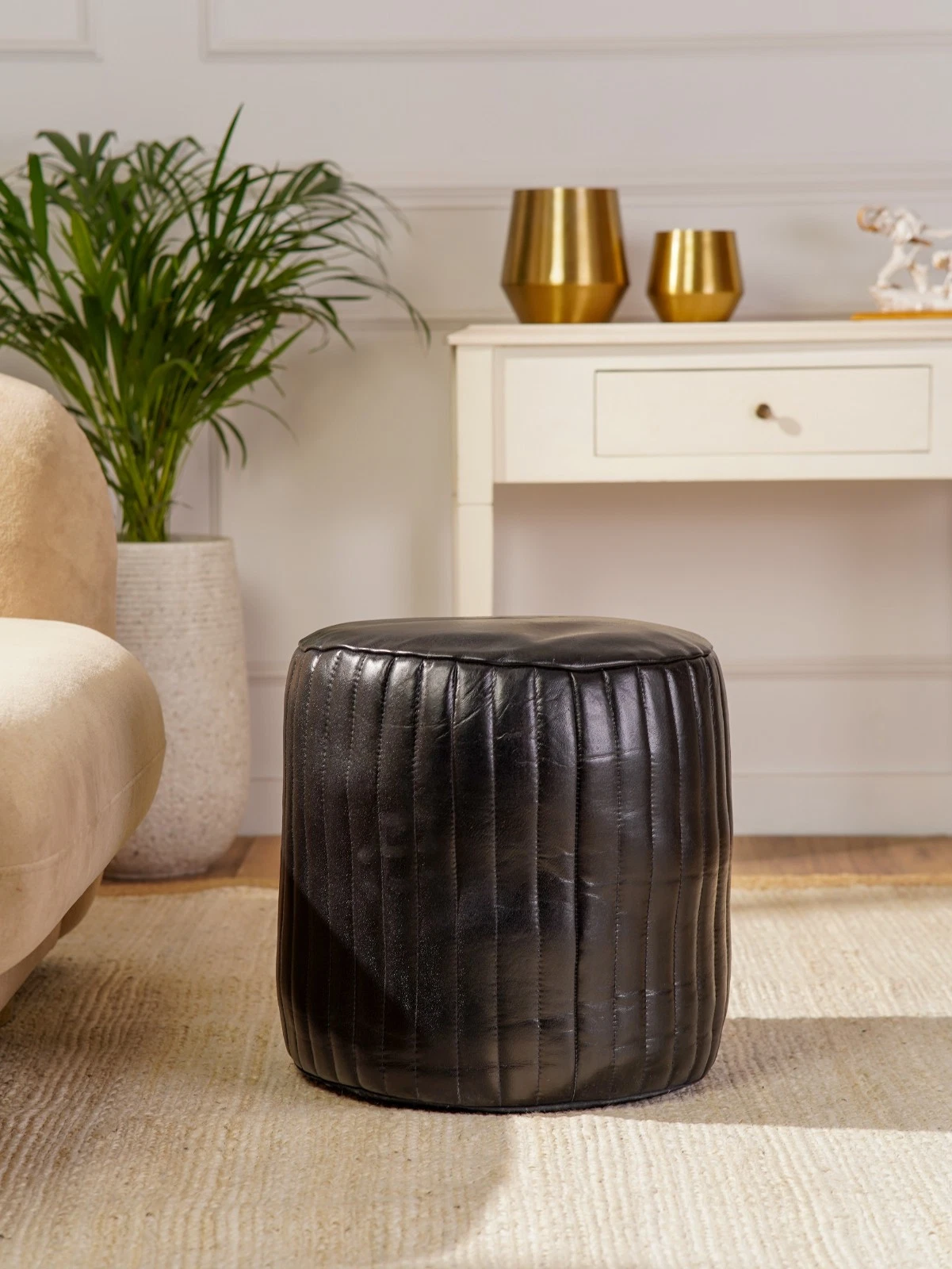 BBH HOMES HANDMADE ECO-FRIENDLY ROUND SHAPED STUFFED BUFFALO LEATHER BLACK POUF, view 14