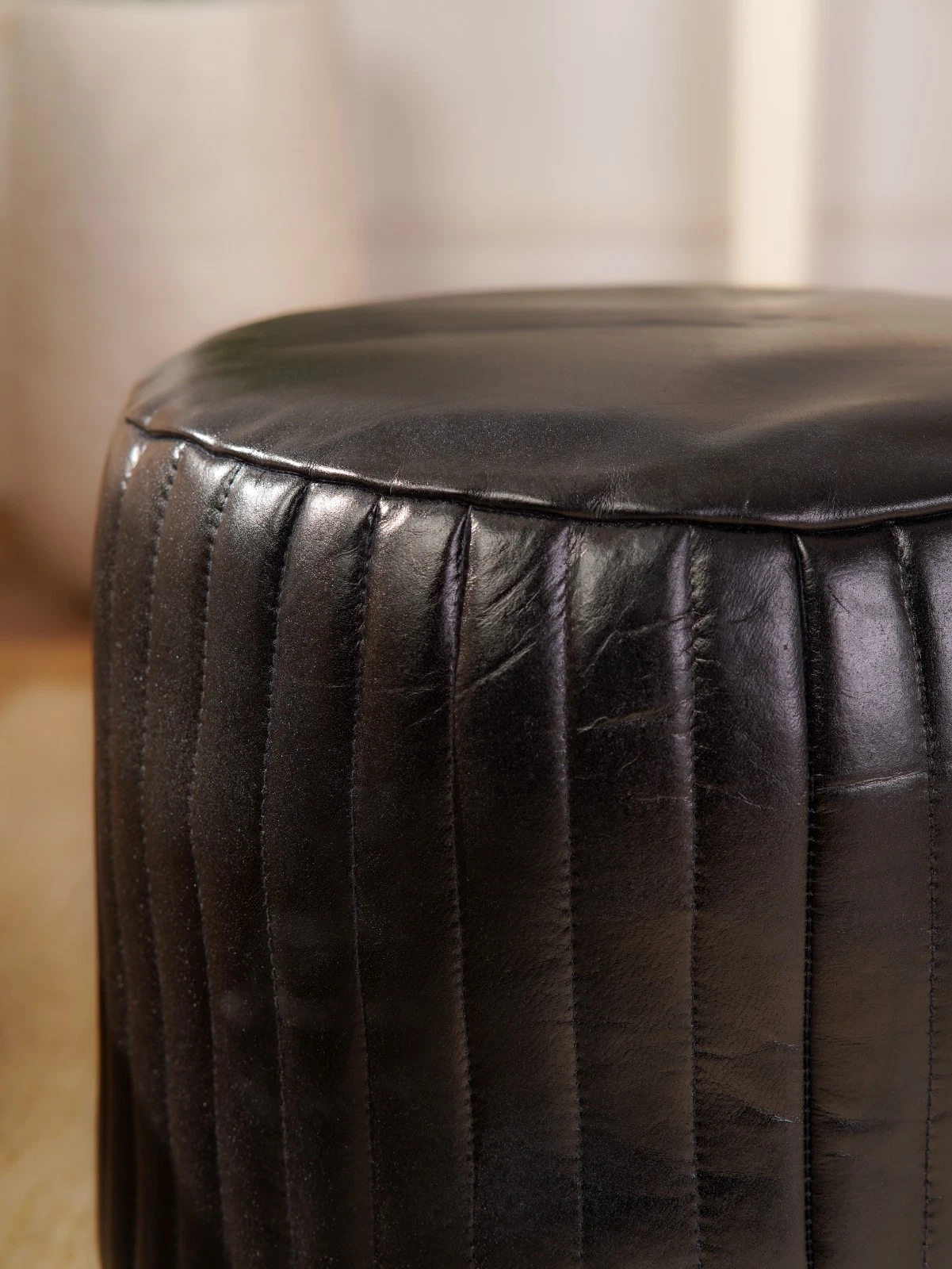 BBH HOMES HANDMADE ECO-FRIENDLY ROUND SHAPED STUFFED BUFFALO LEATHER BLACK POUF, view 15