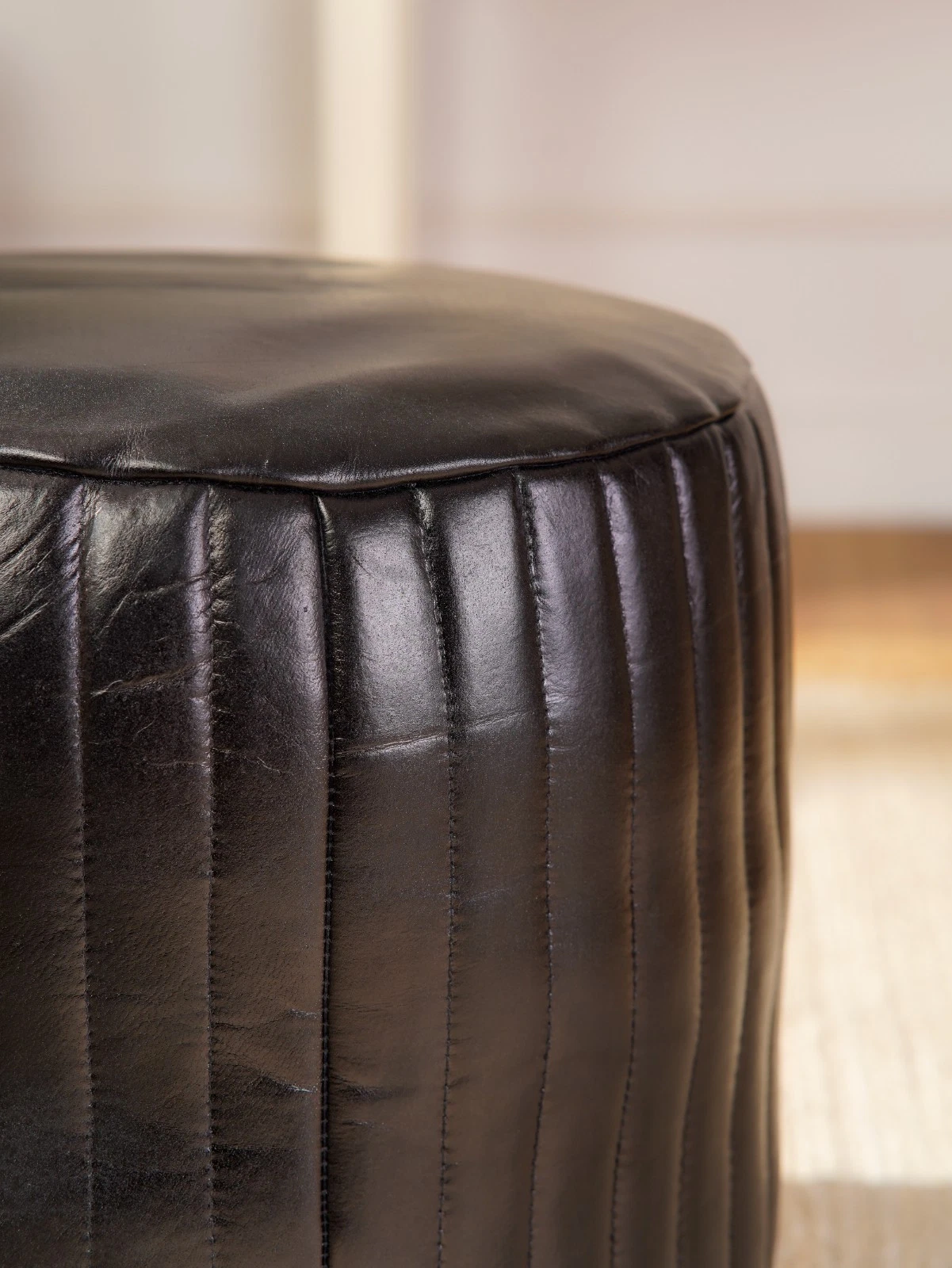 BBH HOMES HANDMADE ECO-FRIENDLY ROUND SHAPED STUFFED BUFFALO LEATHER BLACK POUF, view 16