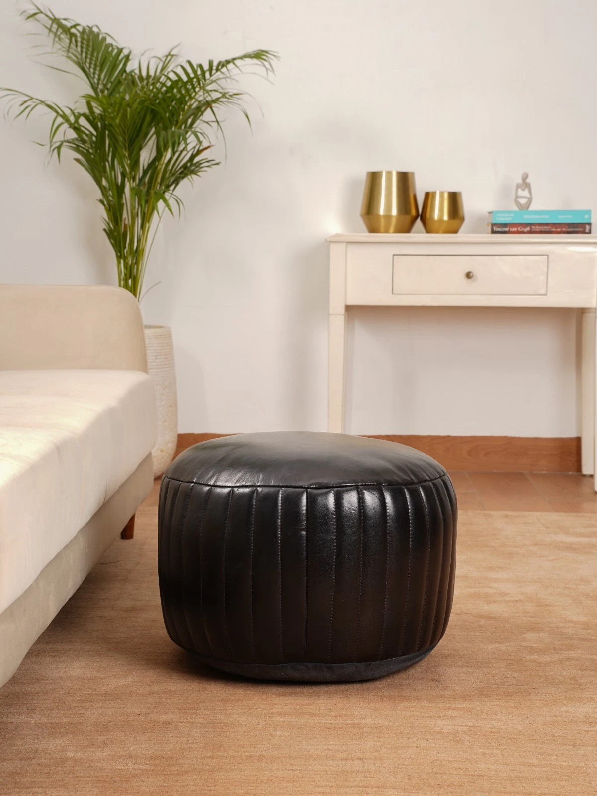 BBH HOMES HANDMADE ECO-FRIENDLY ROUND SHAPED STUFFED BUFFALO LEATHER BLACK POUF, view 5