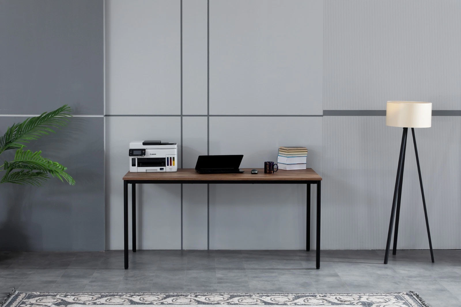 63" Modern Home Office Desk, Wood Writing Computer Table, Black Metal Frame Legs, view 3