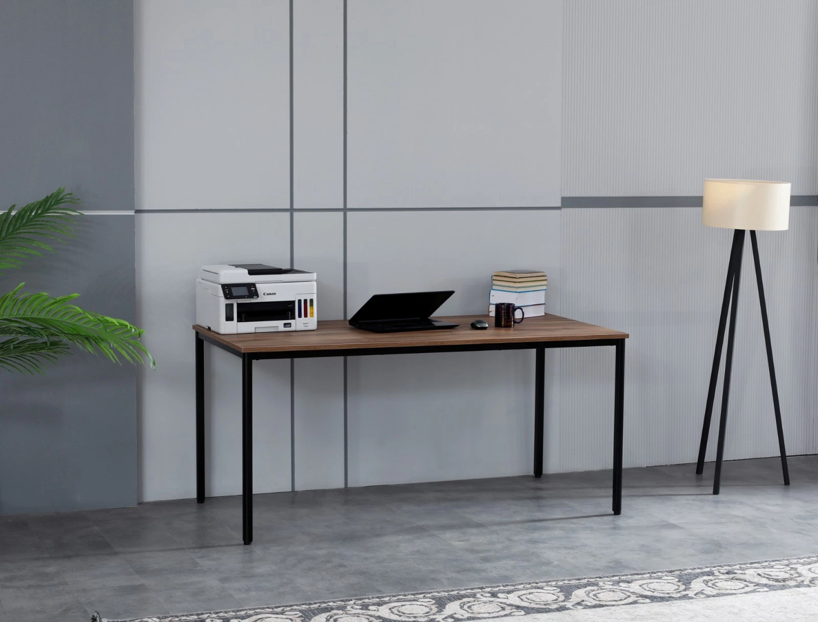 63" Modern Home Office Desk, Wood Writing Computer Table, Black Metal Frame Legs, view 4