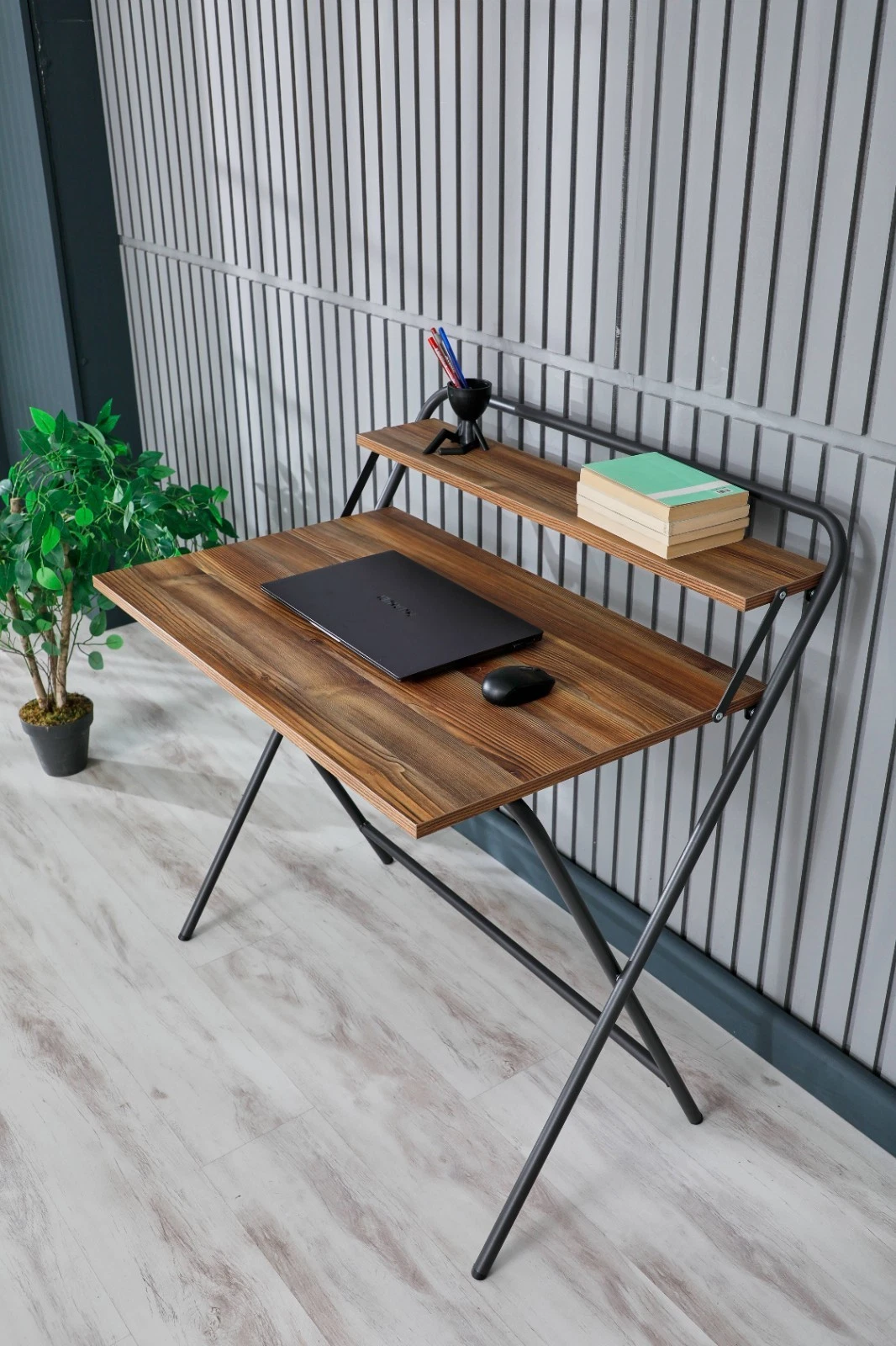 Portable Folding Desk with Shelf, Brown Wood Laptop Table for Small Spaces