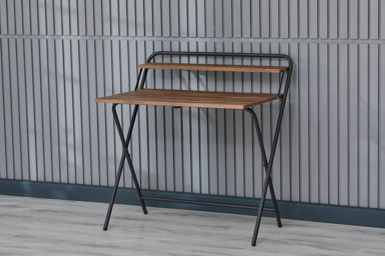 Portable Folding Desk with Shelf, Brown Wood Laptop Table for Small Spaces, view 10