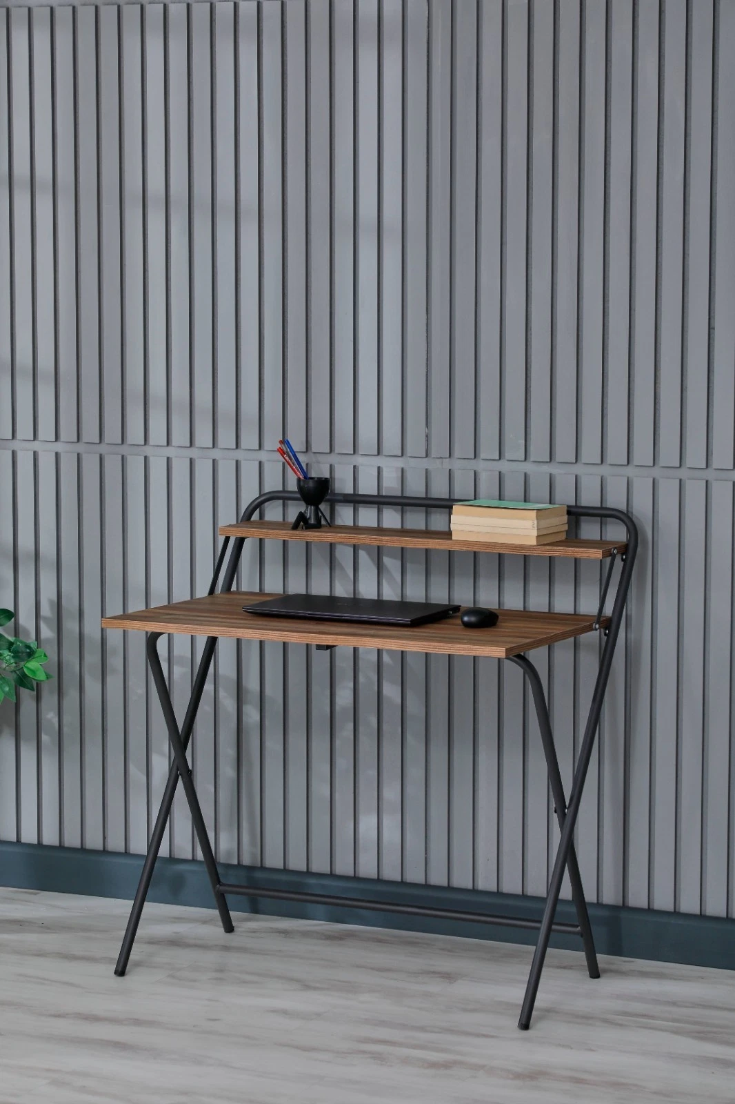 Portable Folding Desk with Shelf, Brown Wood Laptop Table for Small Spaces, view 2