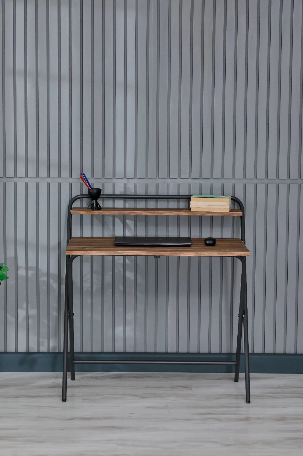 Portable Folding Desk with Shelf, Brown Wood Laptop Table for Small Spaces, view 3