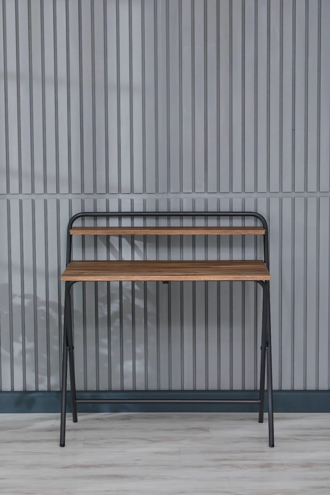 Portable Folding Desk with Shelf, Brown Wood Laptop Table for Small Spaces, view 4