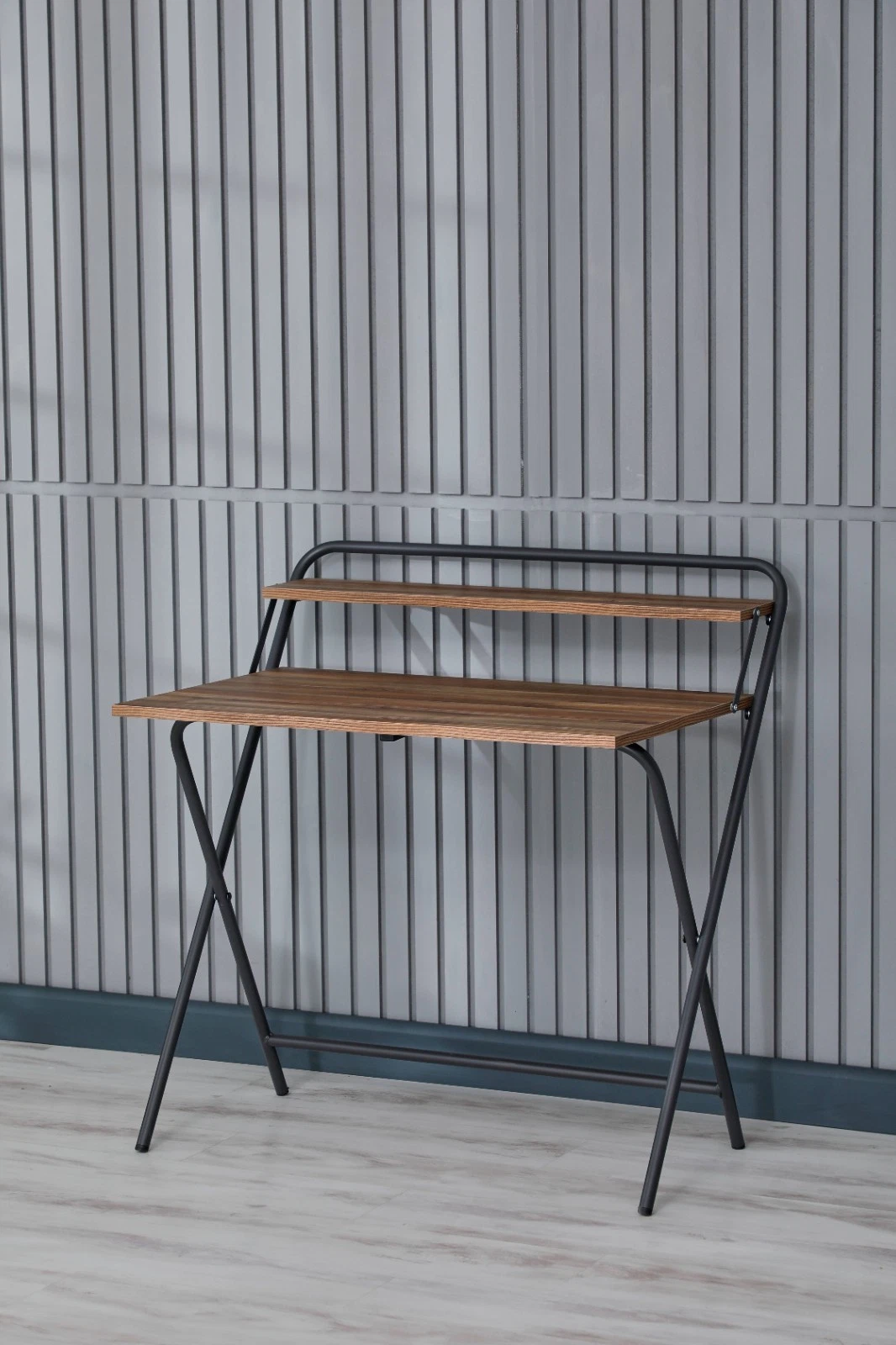 Portable Folding Desk with Shelf, Brown Wood Laptop Table for Small Spaces, view 5